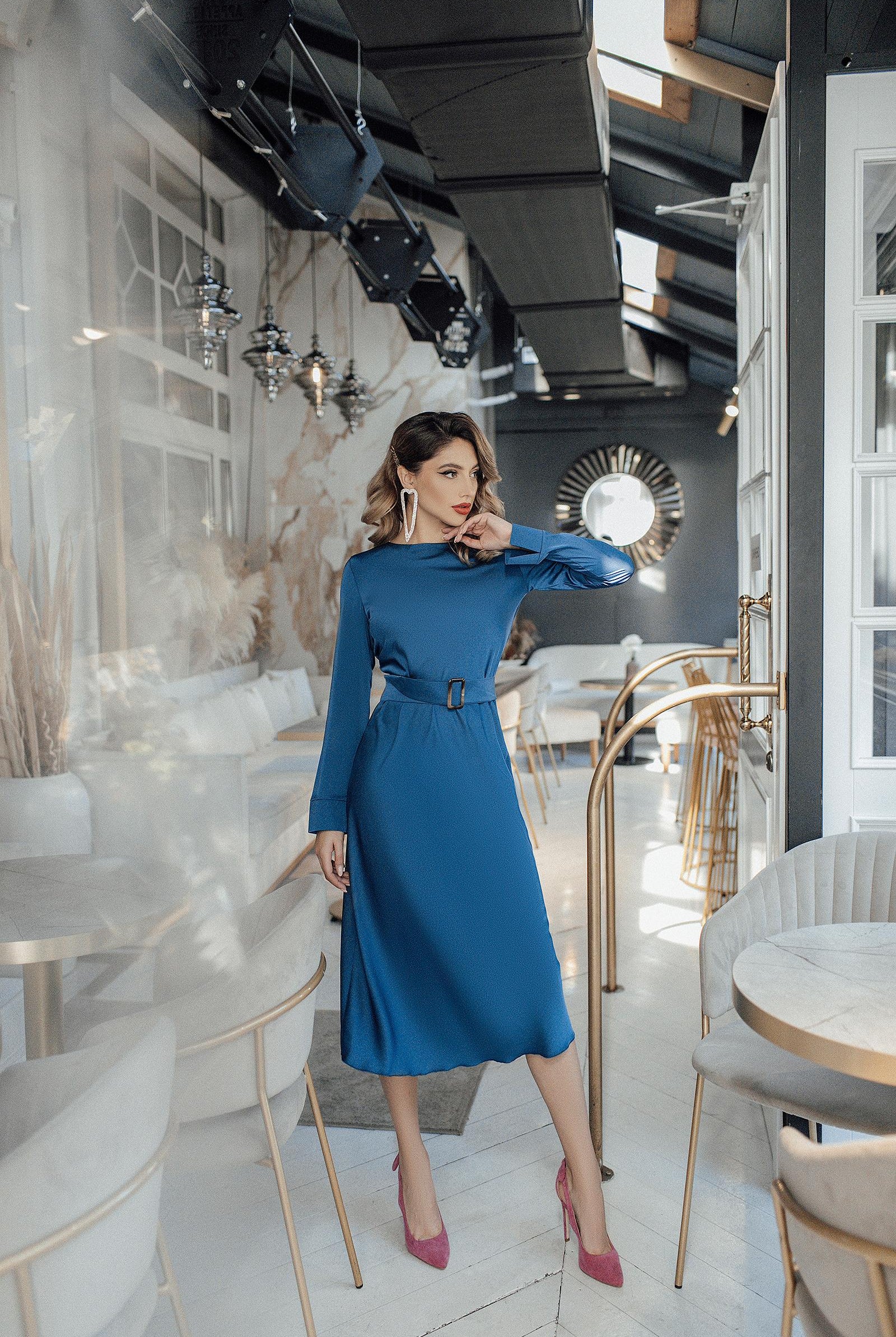 ELAGIA blue silk belted midi dress front view - elegant 3 piece women's suit style for professional wear