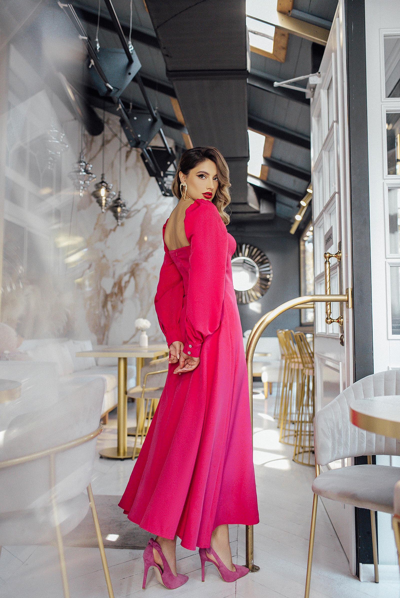 ELAGIA Crimson Puff-Sleeve Midi Dress front view - 3 piece women's suit purple business suit women styling