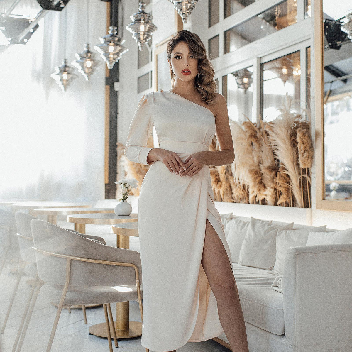 open lace back dress White One-Shoulder Satin Midi Dress