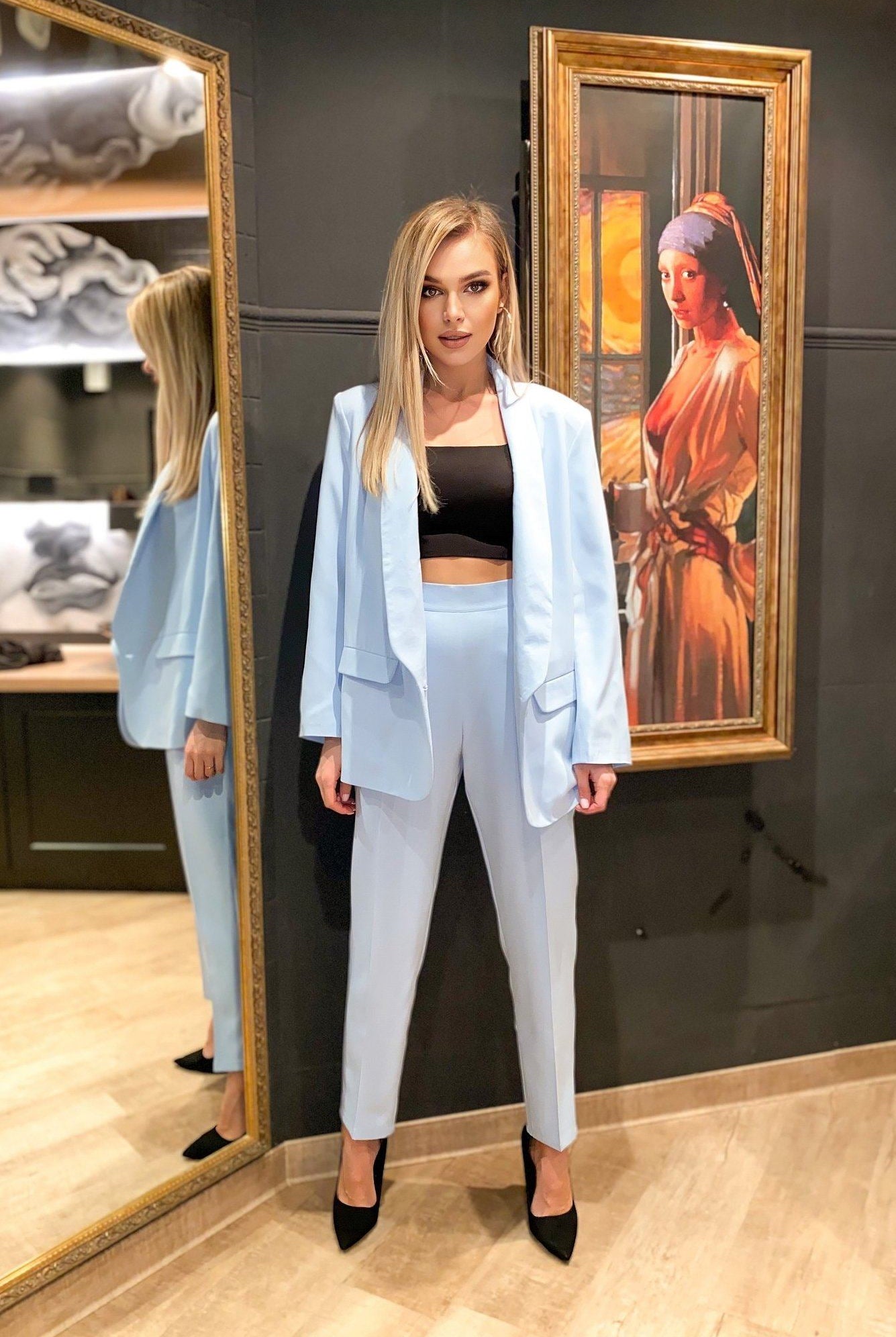 ELAGIA Sky-Blue 2-Piece Suit flat lay styling arrangement - 3 piece women's suit complete outfit presentation
