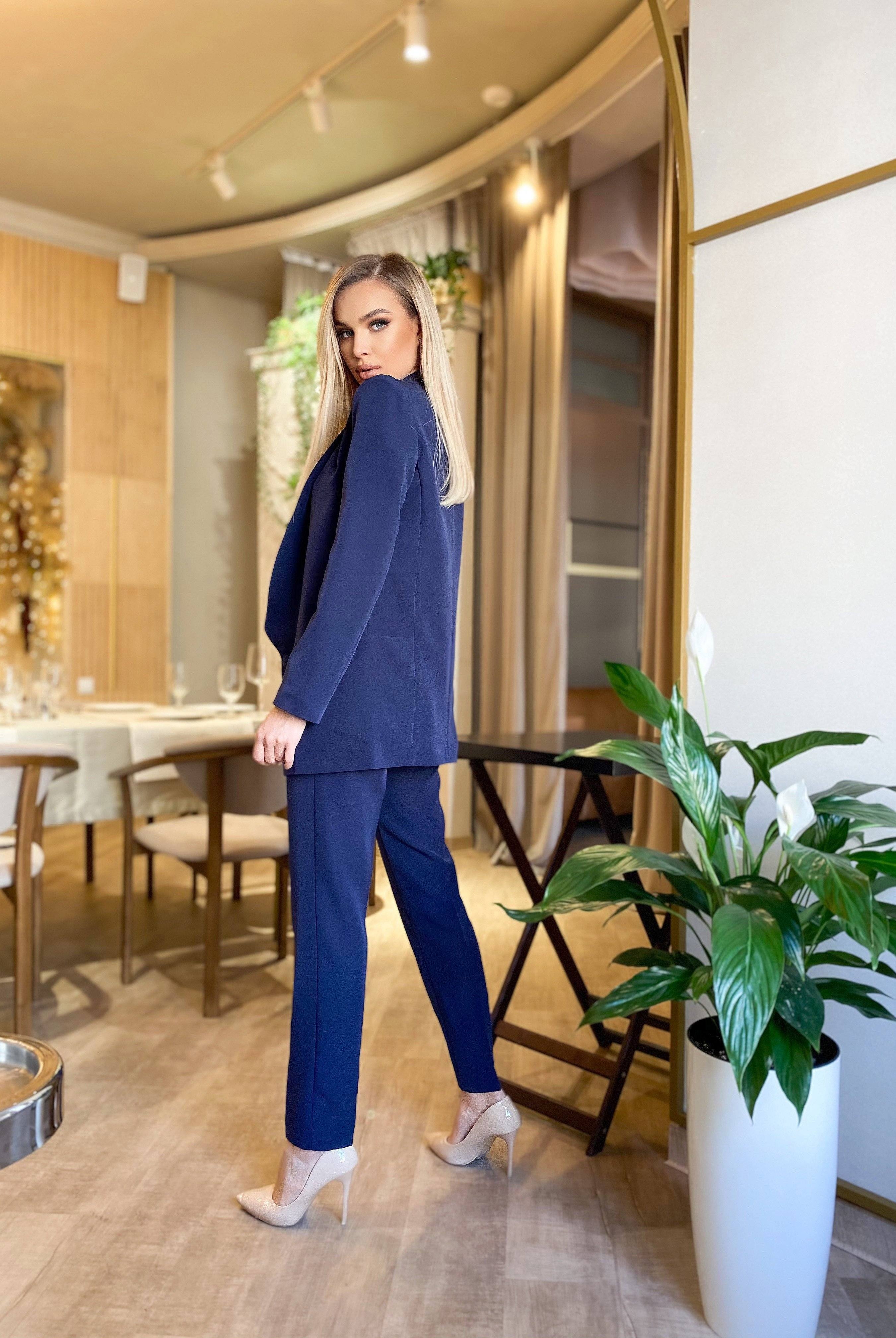 ELAGIA navy 2-piece suit worn by model in office setting - professional purple business suit women outfit