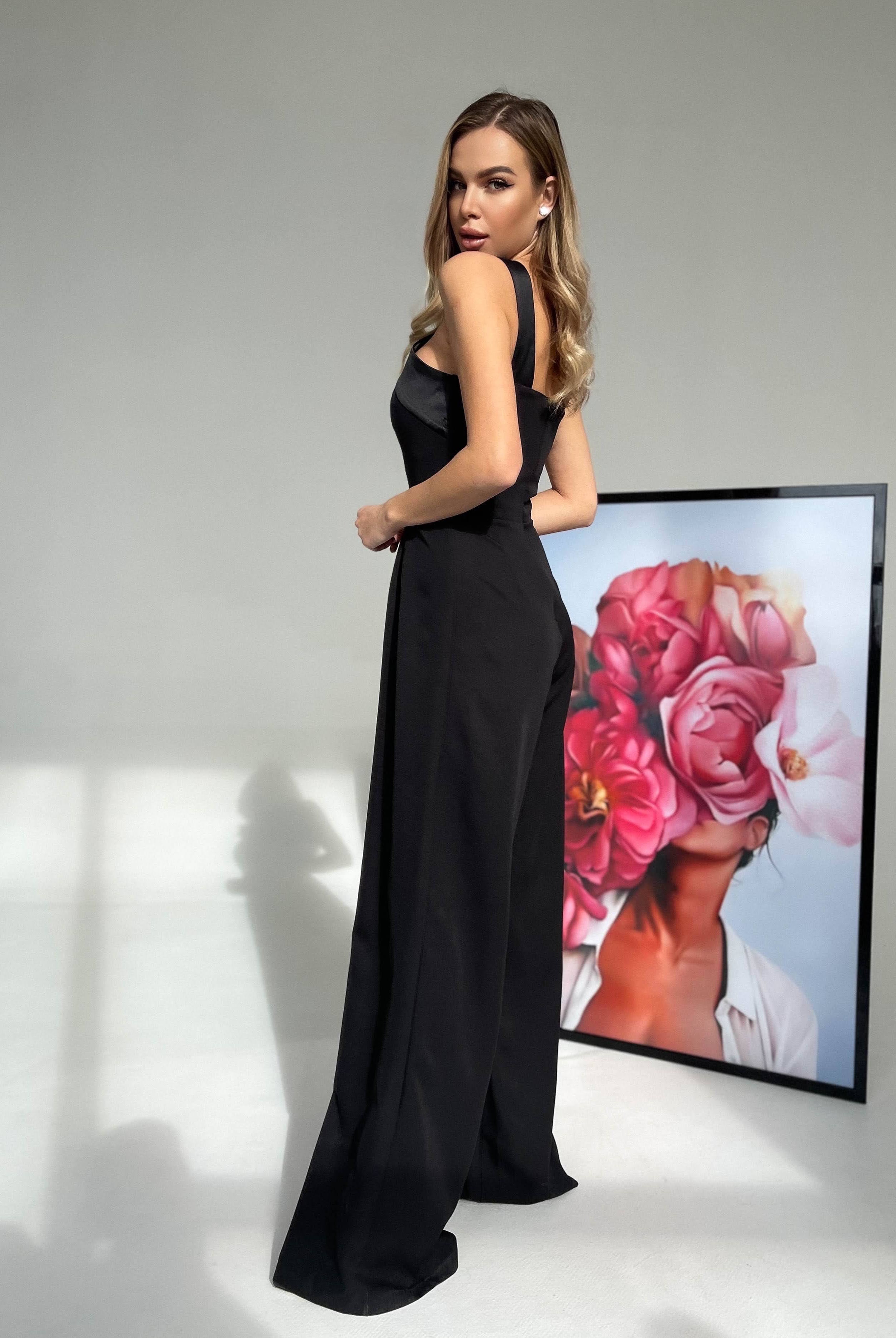 ELAGIA women's black suit - sleeveless cross-neck jumpsuit, front view, professional women's black suit set