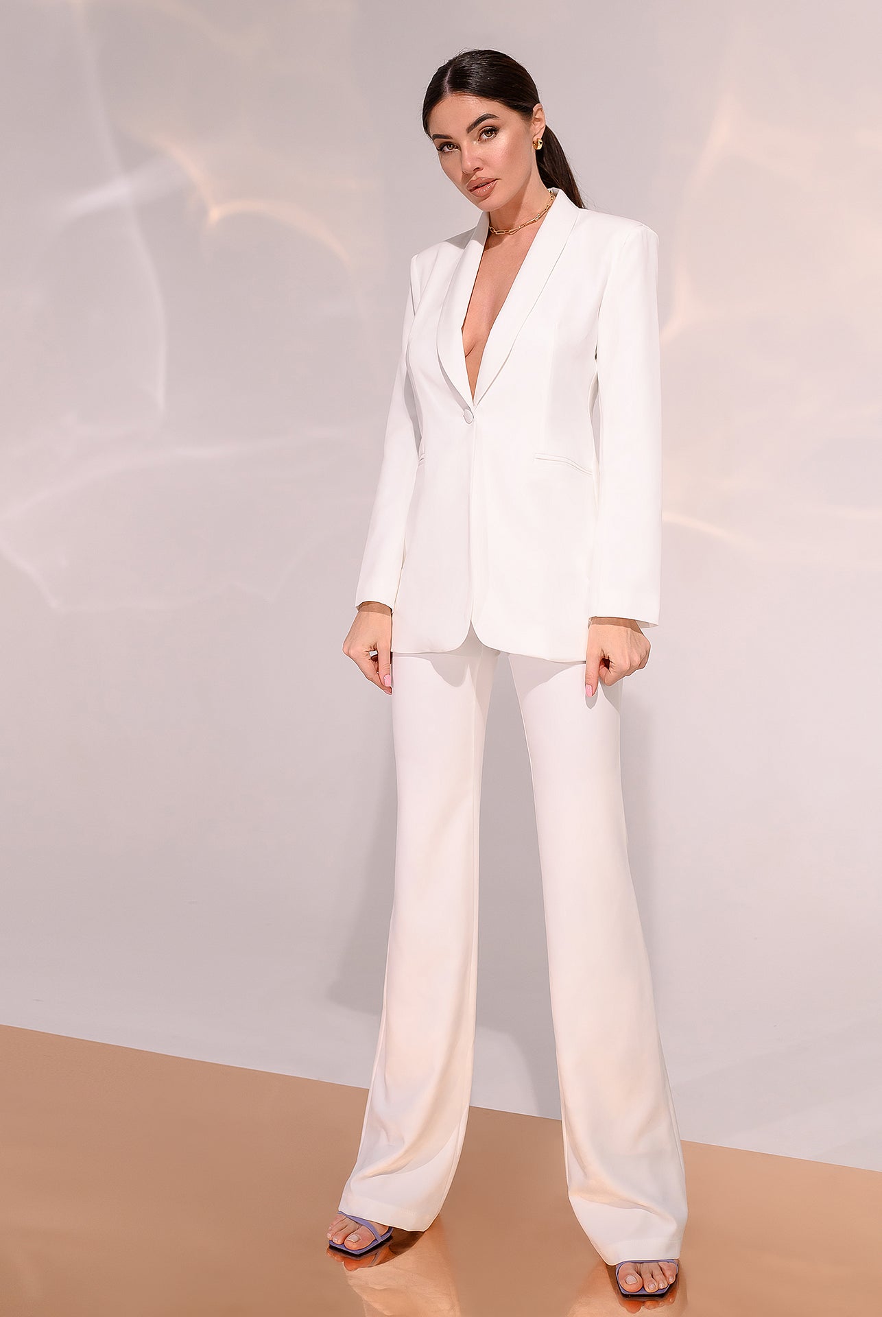 ELAGIA white shawl collar suit jacket detail and trouser hem view - purple business suit women tailoring