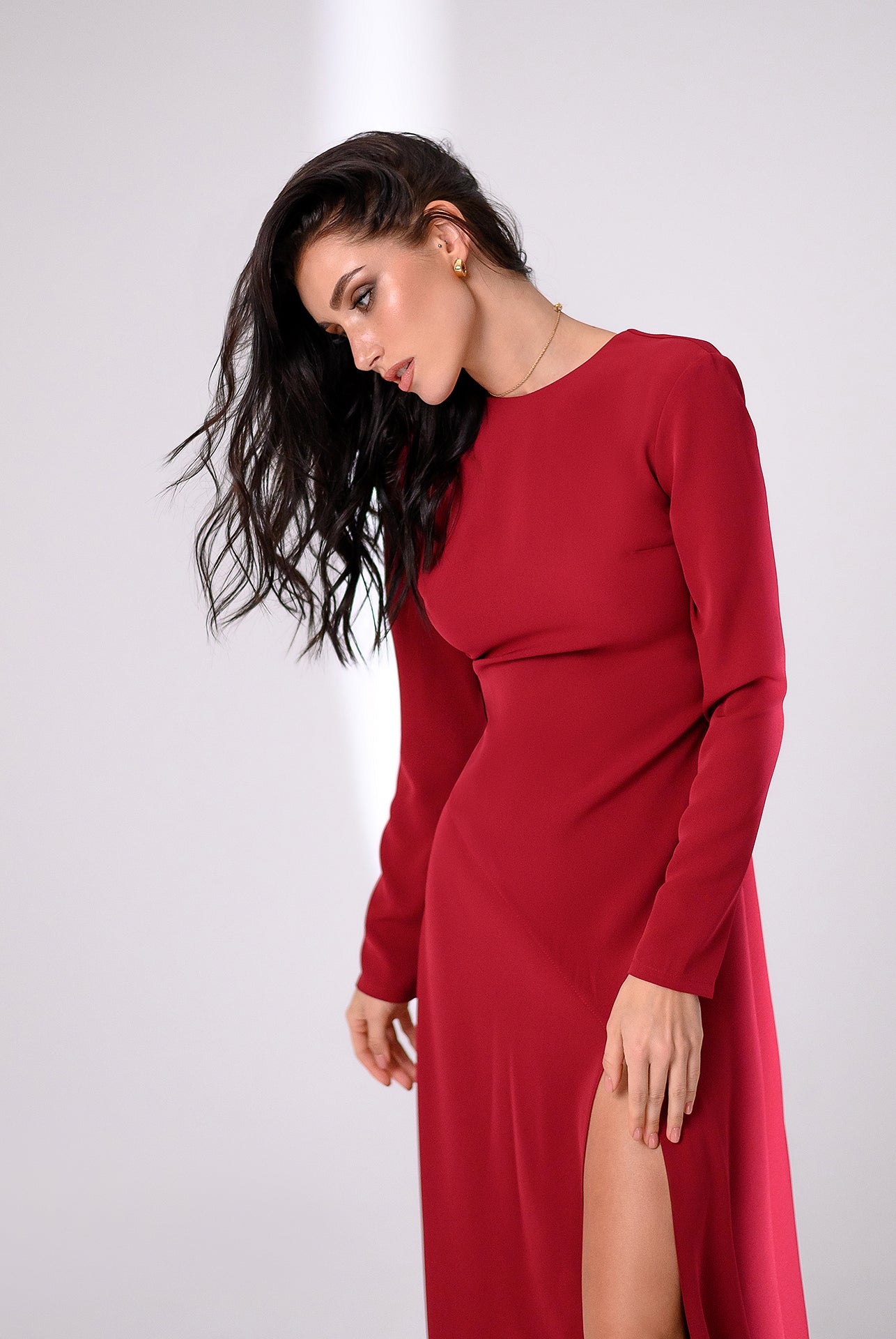 Bordeaux Long Sleeve Thigh-Slit Maxi Dress - styled look | ELAGIA