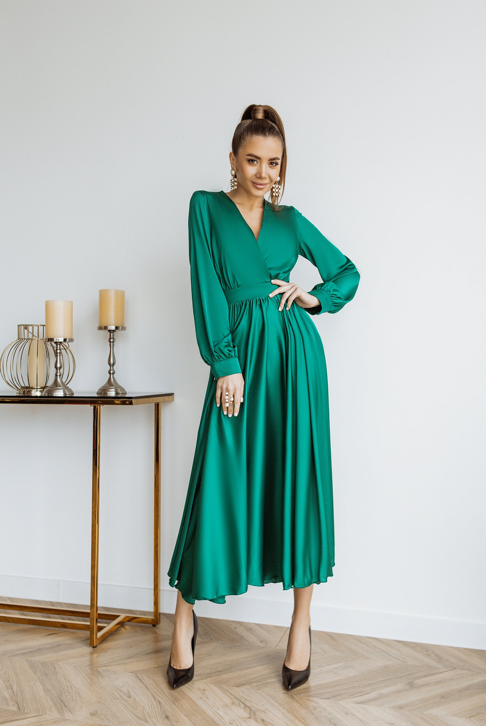 Emerald Silk Long Sleeve Maxi Dress - view 10 | ELAGIA