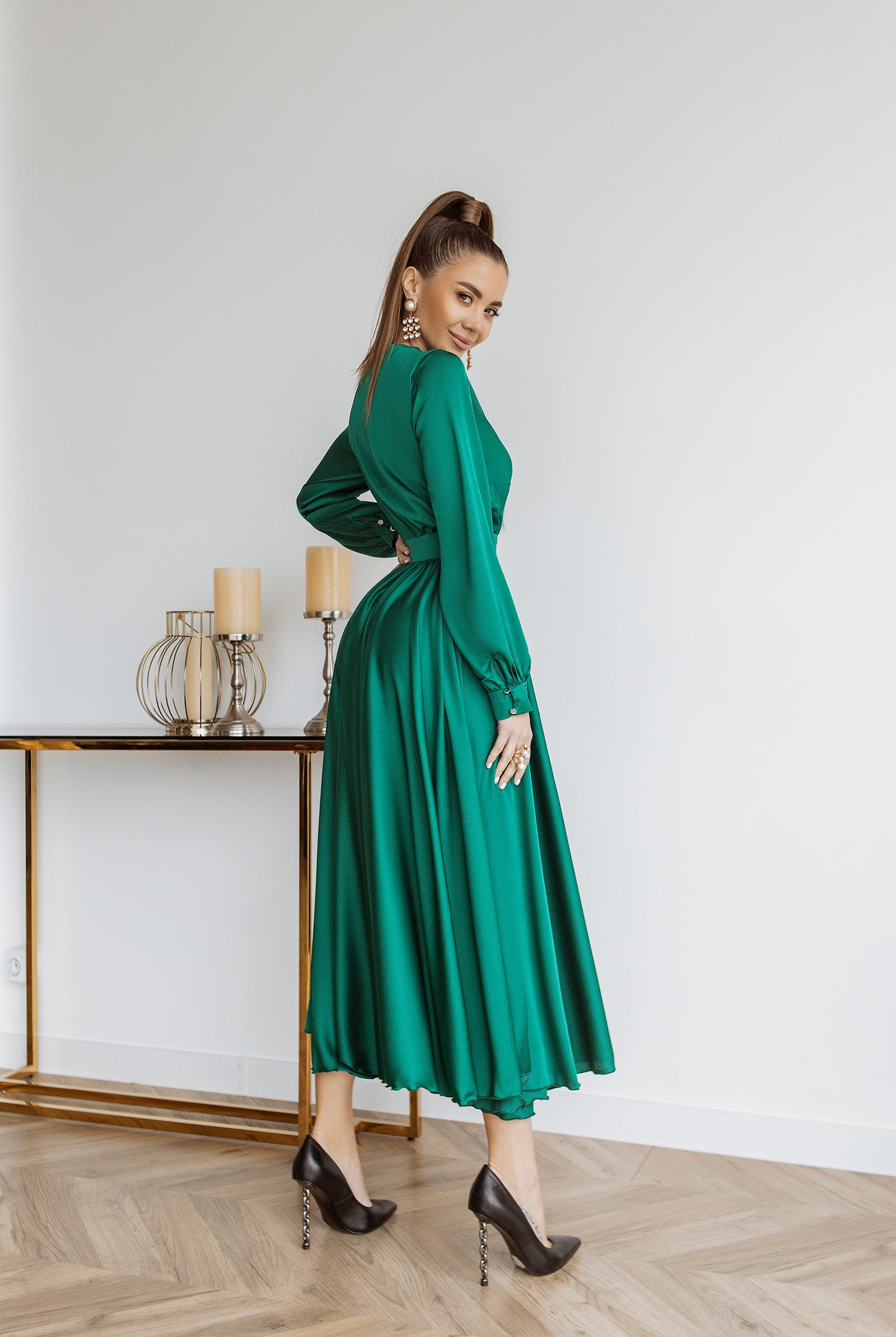 Emerald Silk Long Sleeve Maxi Dress - side view | ELAGIA