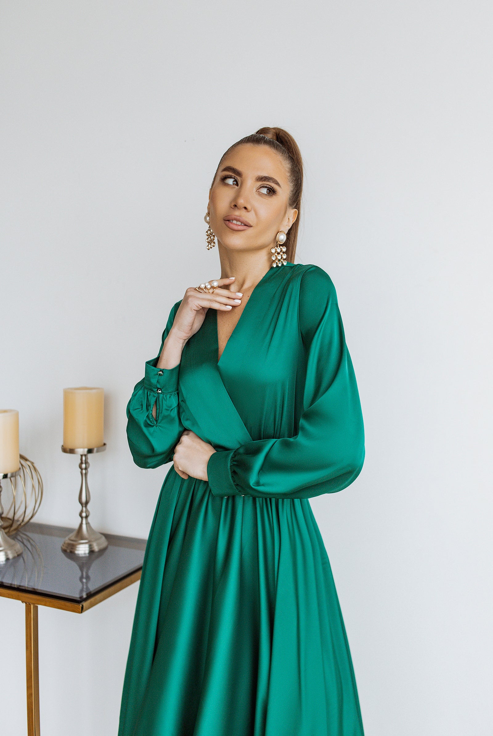 Emerald Silk Long Sleeve Maxi Dress - back view | ELAGIA