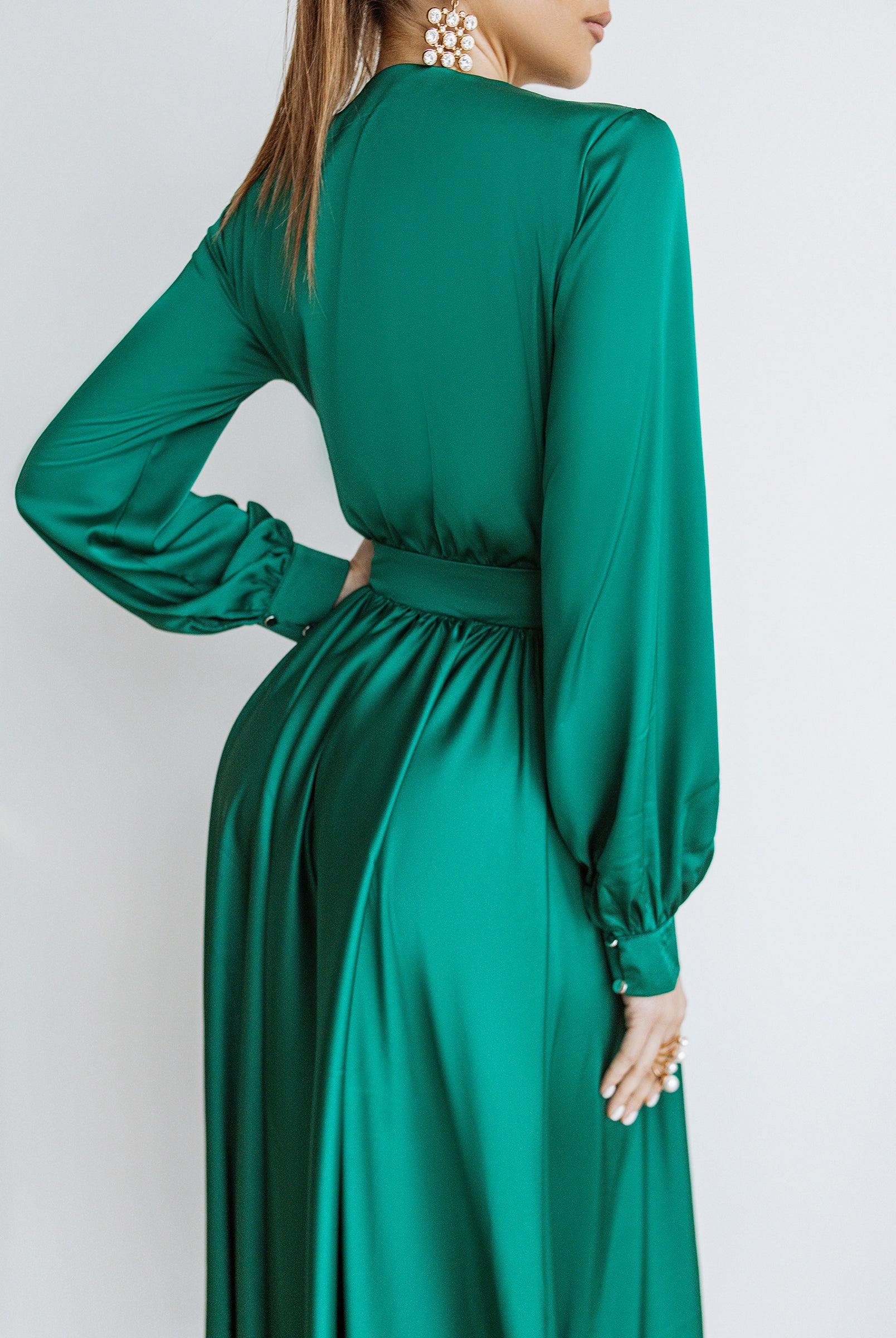 Emerald Silk Long Sleeve Maxi Dress - close-up detail | ELAGIA