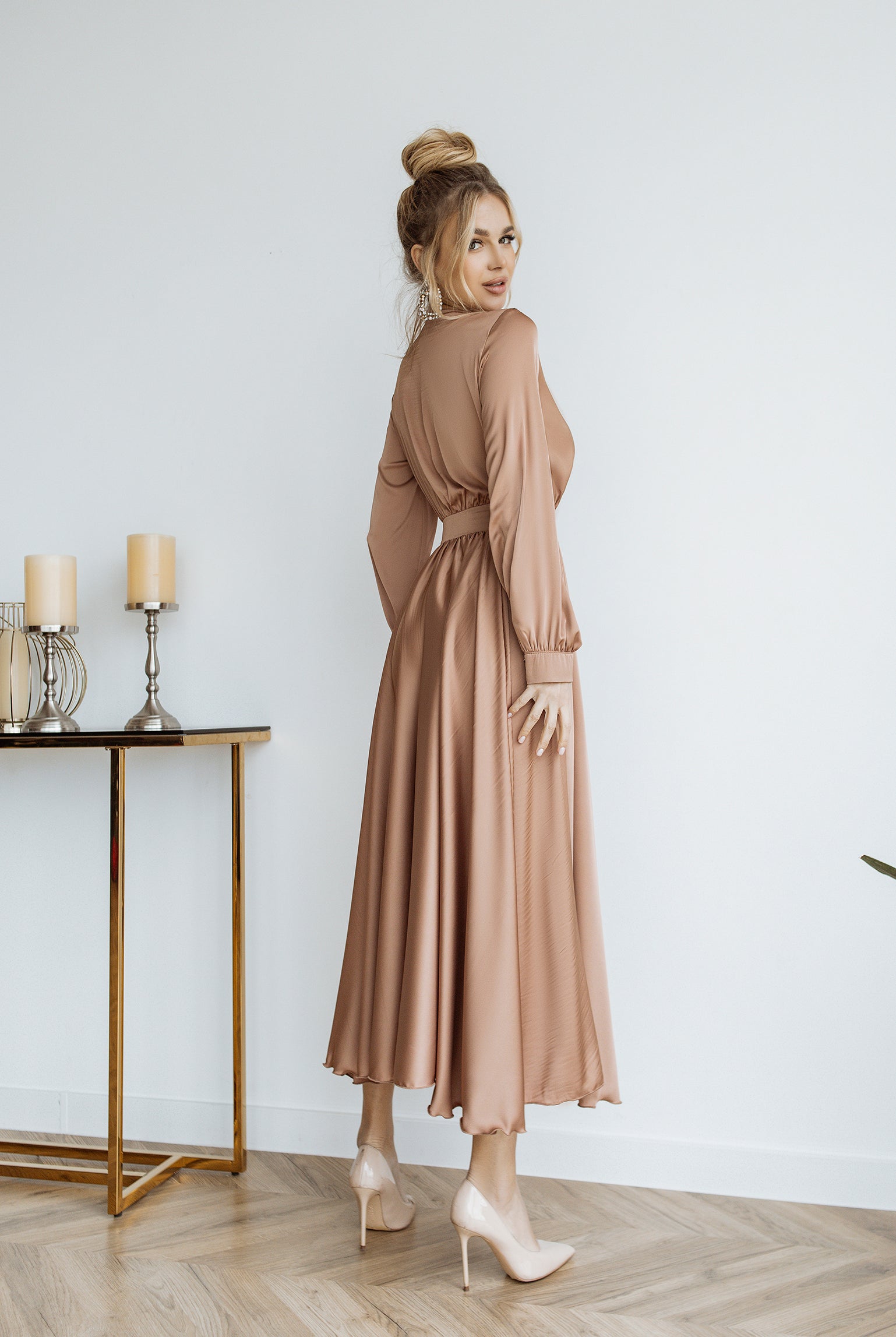 Beige Silk Long Sleeve Maxi Dress - side view | ELAGIA