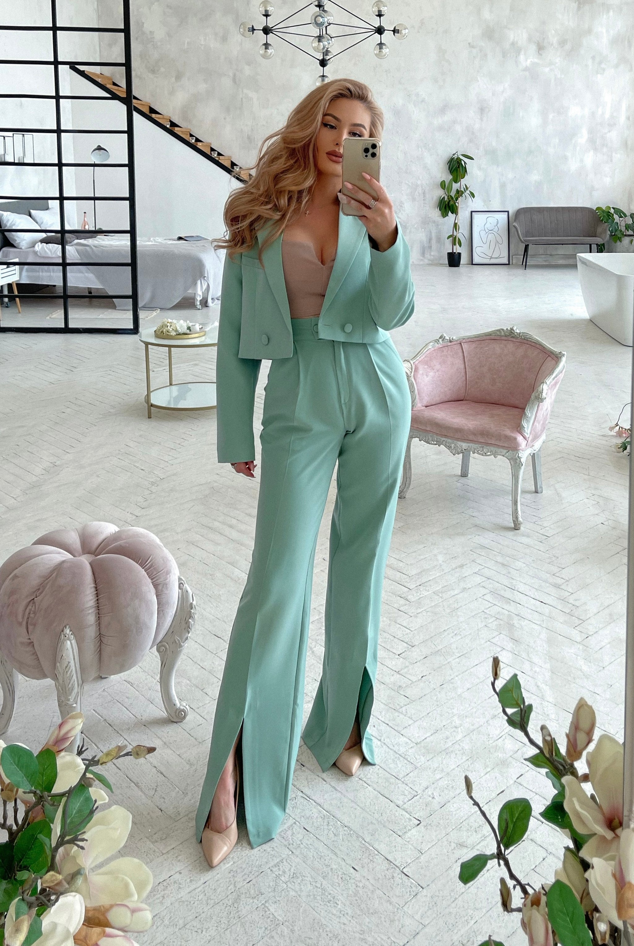 ELAGIA Olive Crop Jacket Suit 2-Piece pants detail view - purple business suit women tailored trousers fit