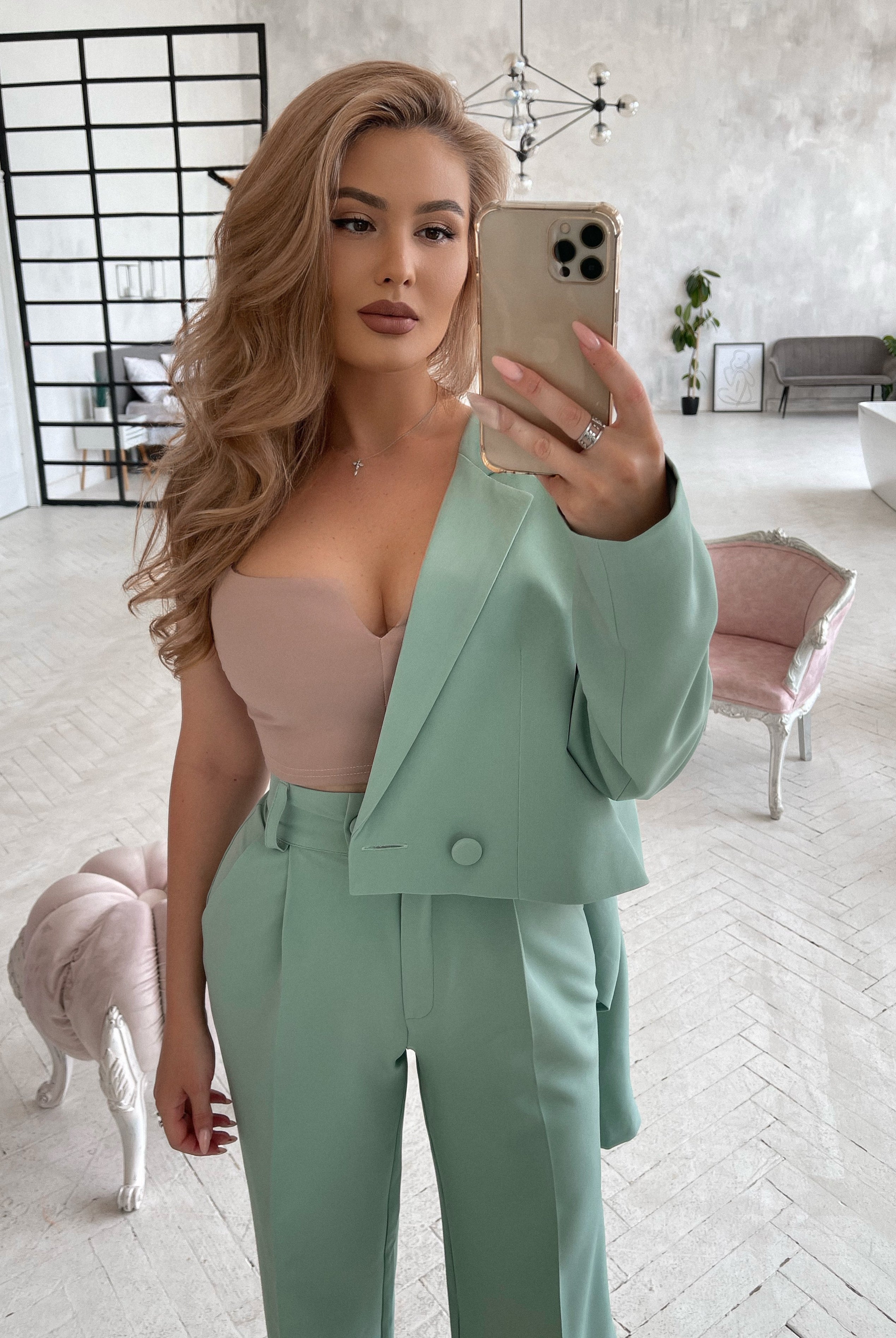 ELAGIA Olive Crop Jacket Suit 2-Piece styled look complete outfit - 3 piece women's suit professional ensemble
