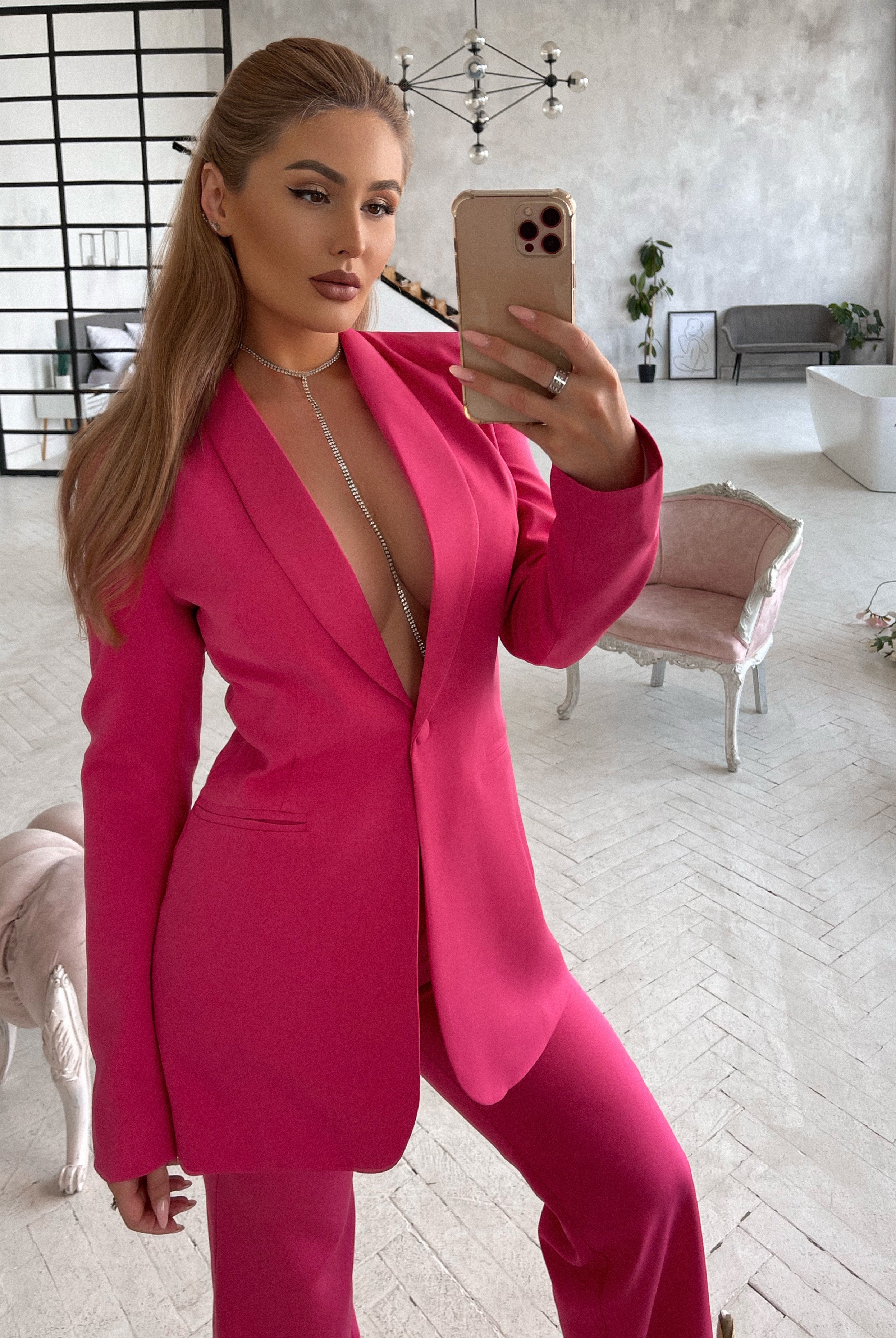 ELAGIA Crimson Shawl Lapel Suit 2-Piece side profile showing 3 piece women's suit tailored construction