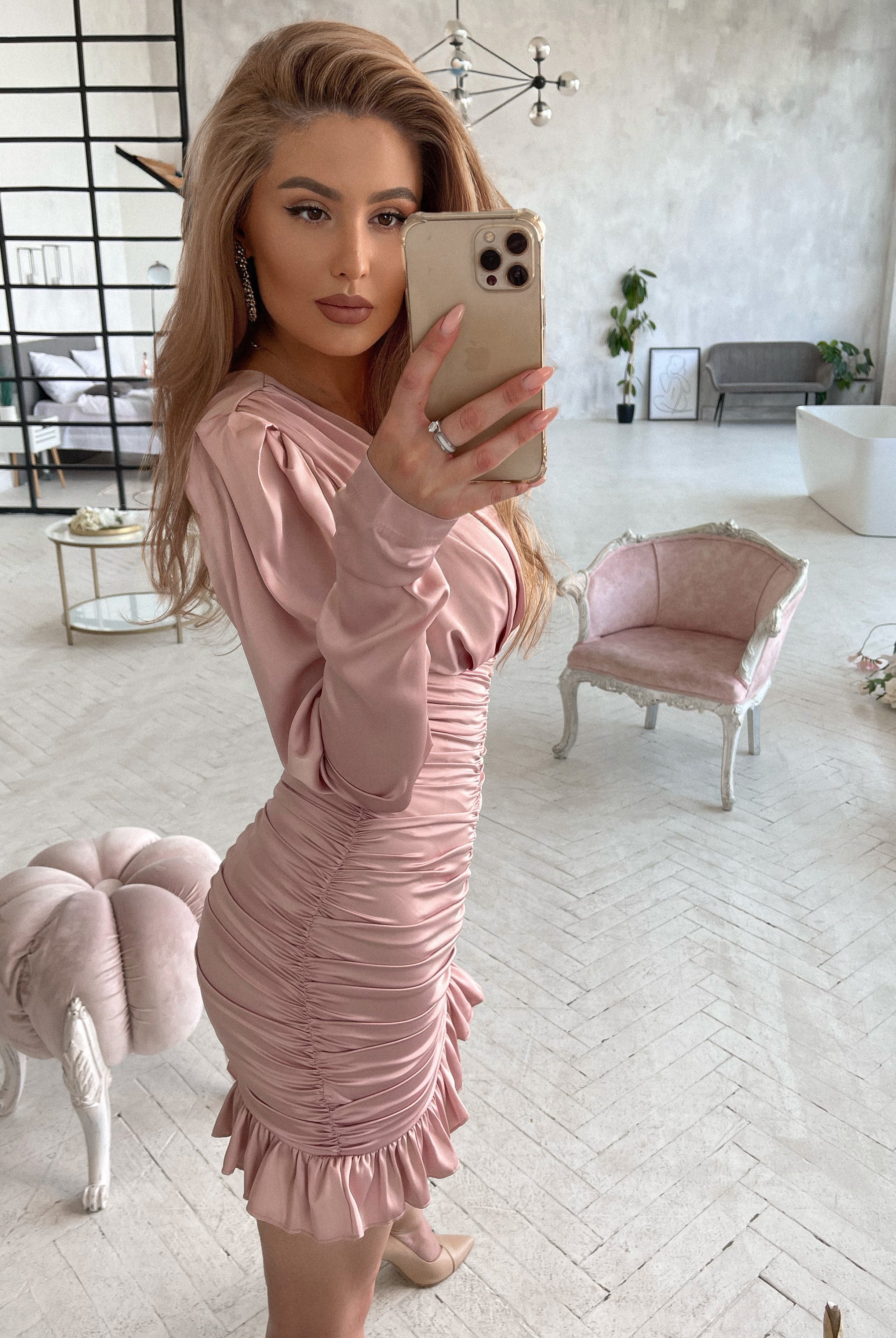 ELAGIA dusty-pink silk long sleeve dress - neckline and shoulder detail, 3 piece women's suit purple business suit women