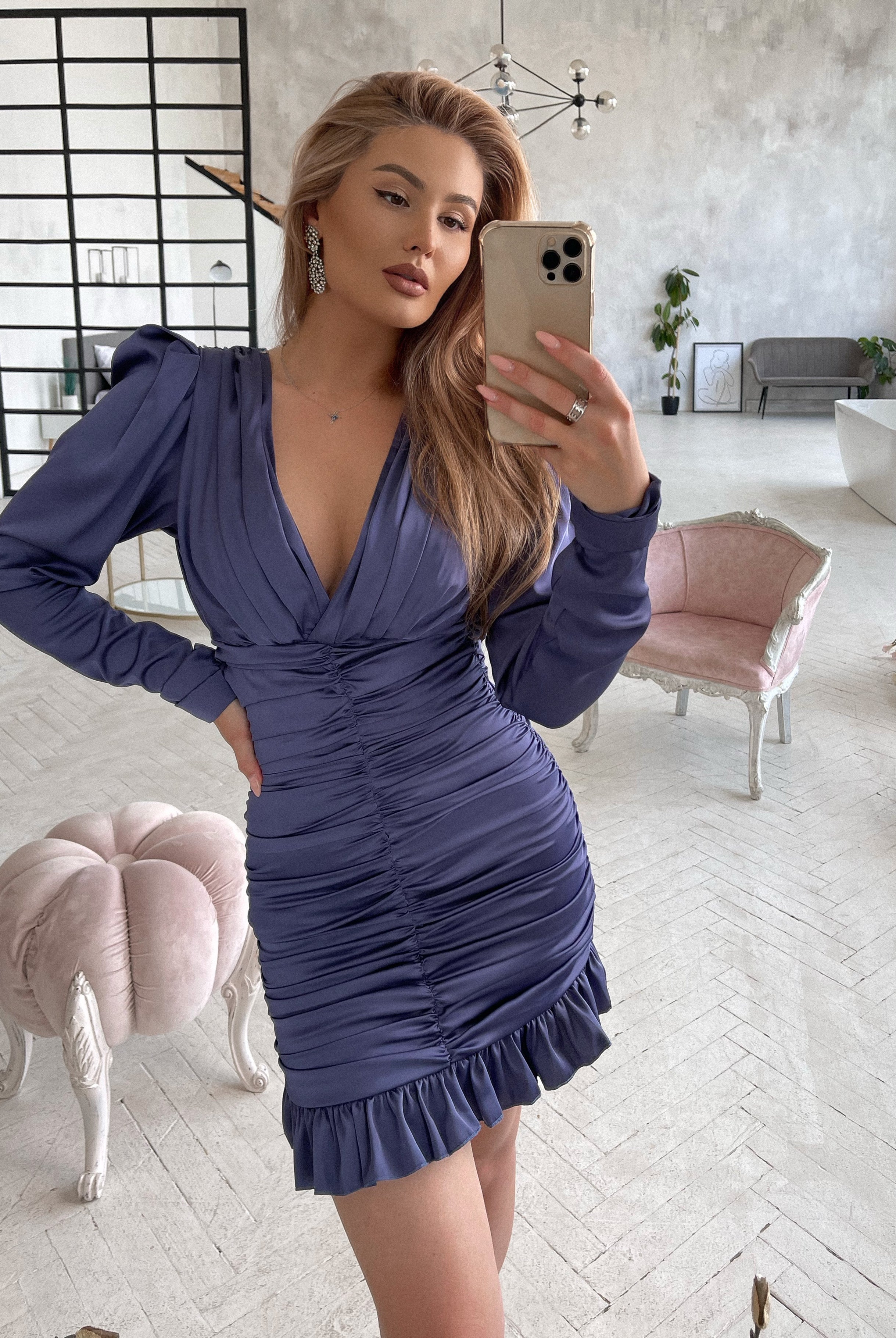 ELAGIA Navy Silk Long Sleeve Ruched Mini Dress - sleeve detail shot of 3 piece women's suit purple business suit women style