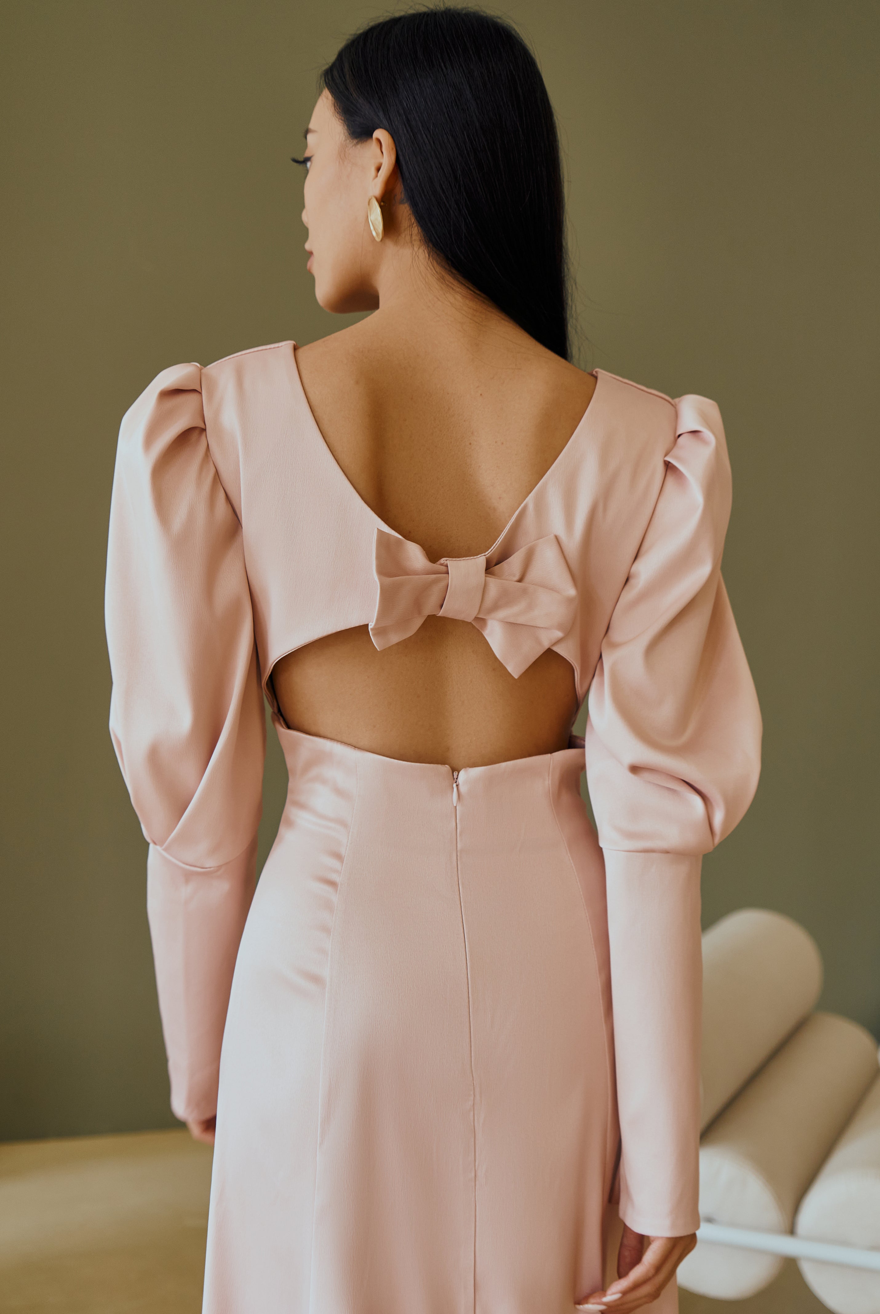Dusty Pink Satin Bow Back Midi Dress