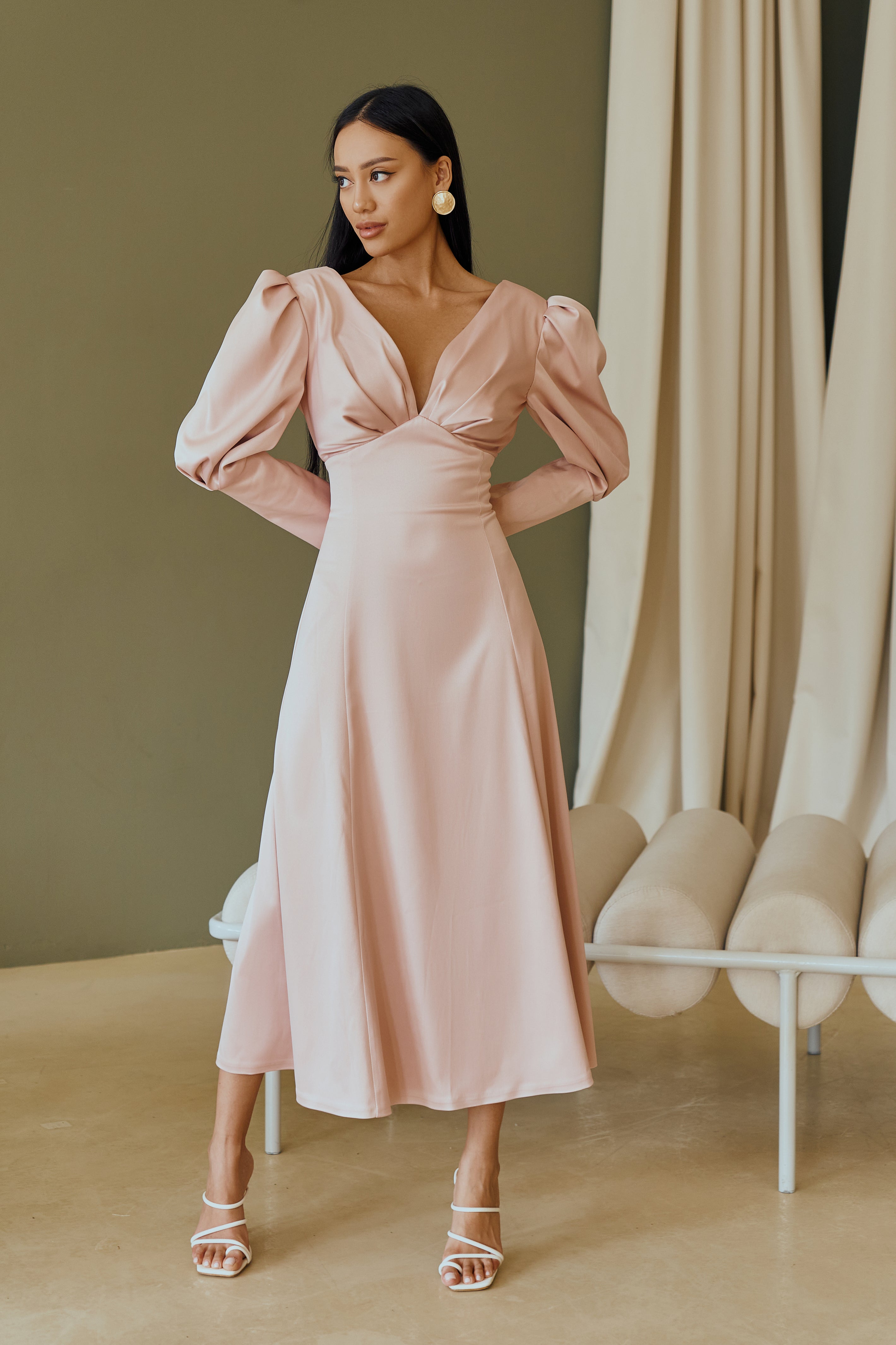 Dusty Pink Satin Bow Back Midi Dress