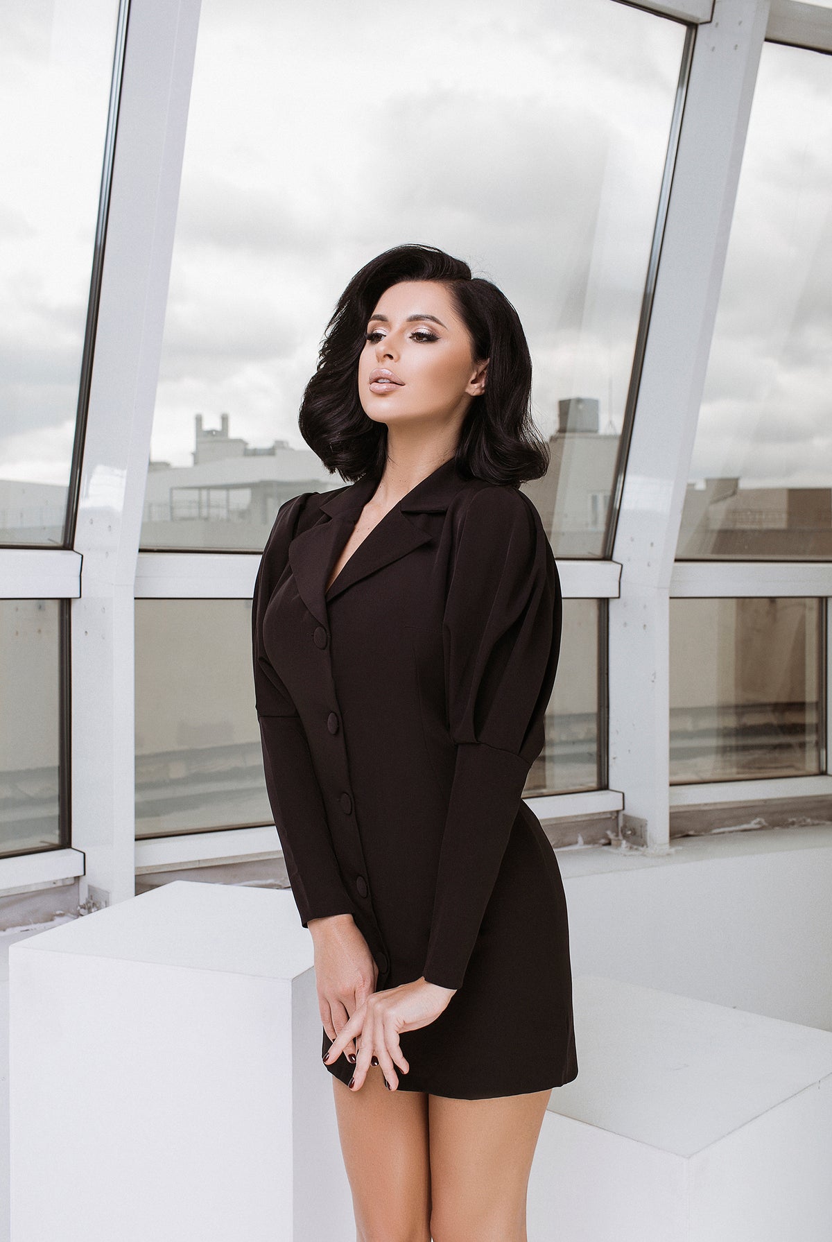 ELAGIA Lucia Black Puff-Sleeve Dress front view - sophisticated 3 piece women's suit style in classic black