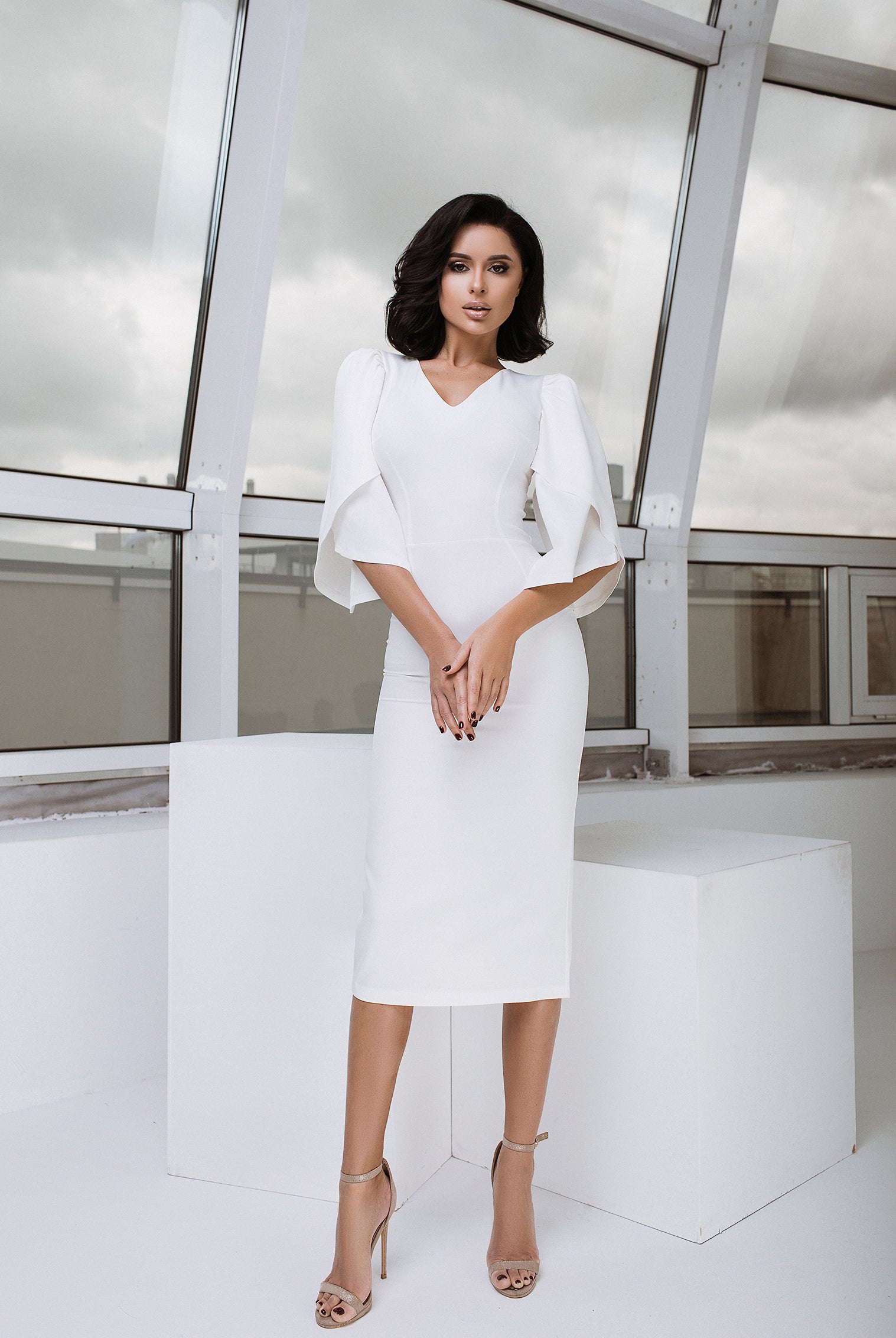 ELAGIA white V-neck bell sleeve midi dress front view - crisp 3 piece women's suit alternative