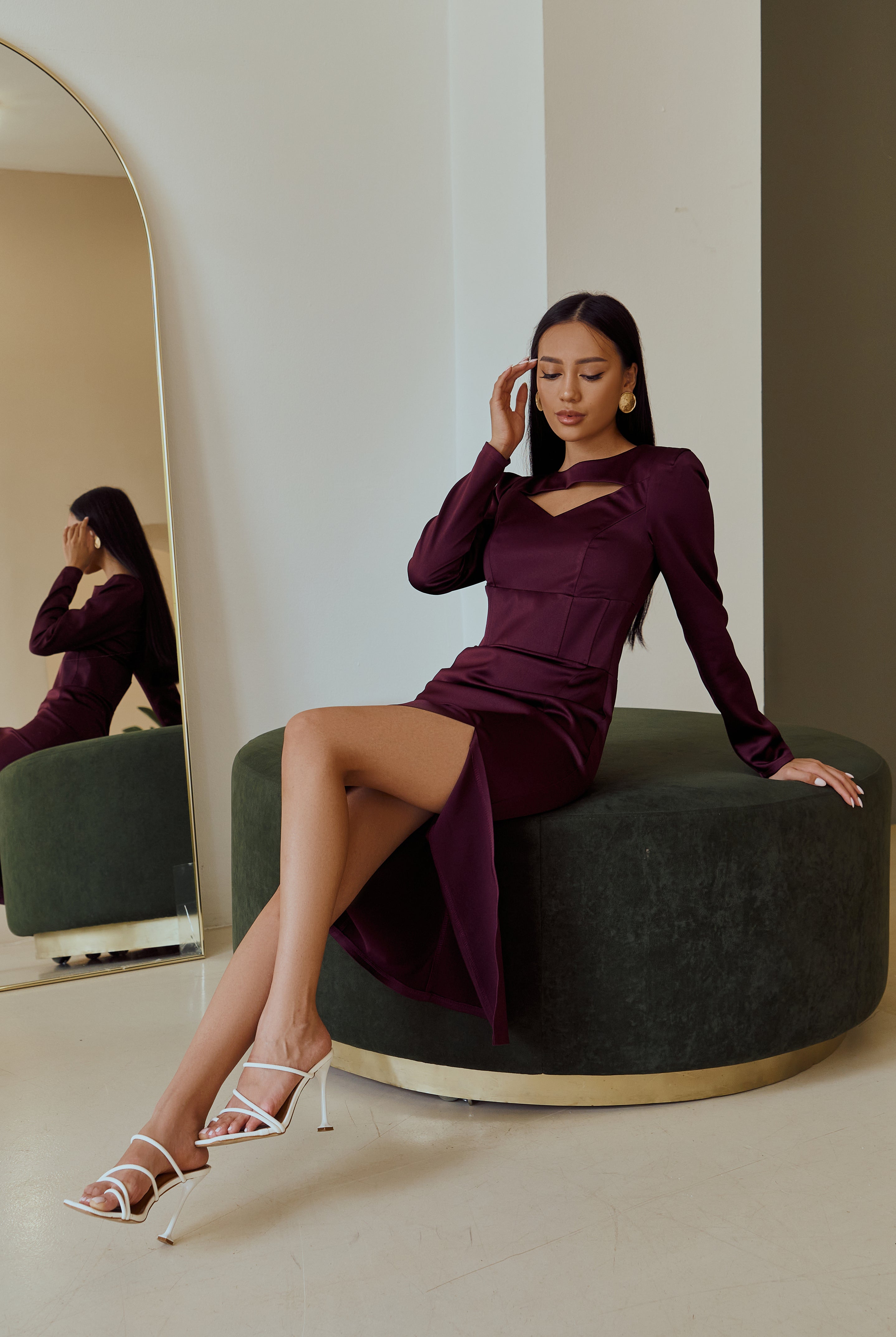Bordeaux Satin Long Sleeve Midi Dress