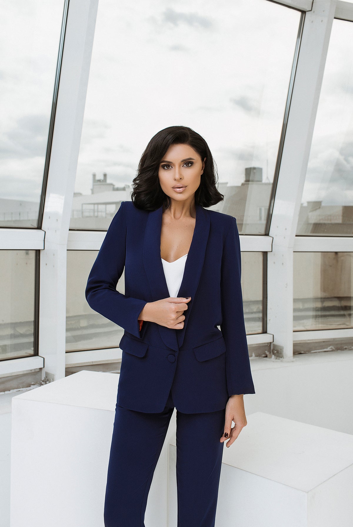 ELAGIA navy shawl lapel 2-piece women's business suit - front view with blazer and pants