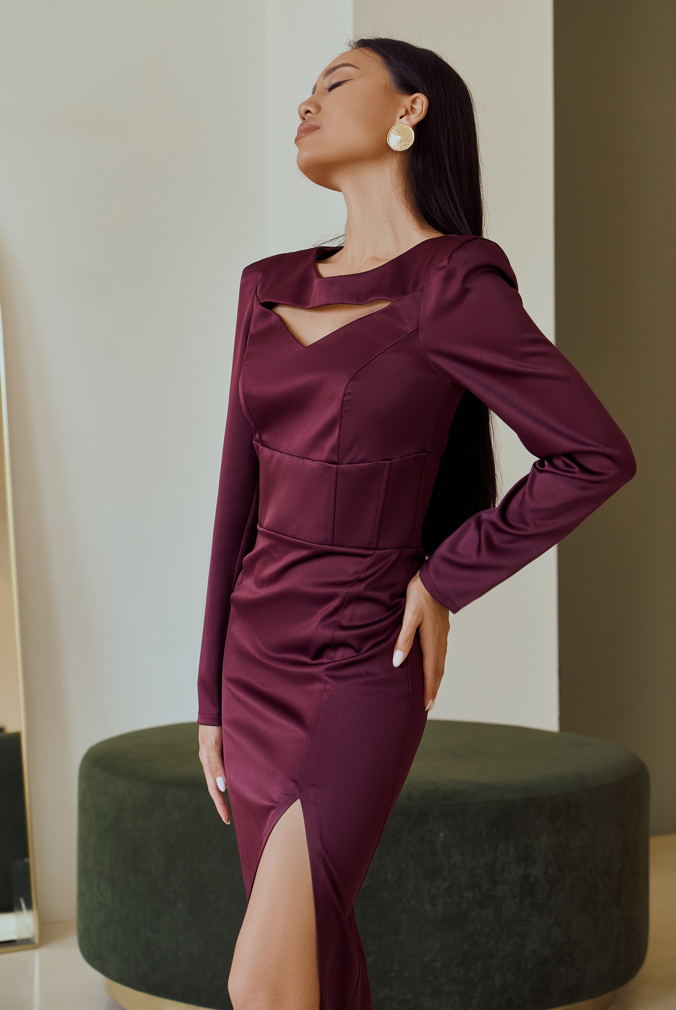 Bordeaux Satin Long Sleeve Midi Dress