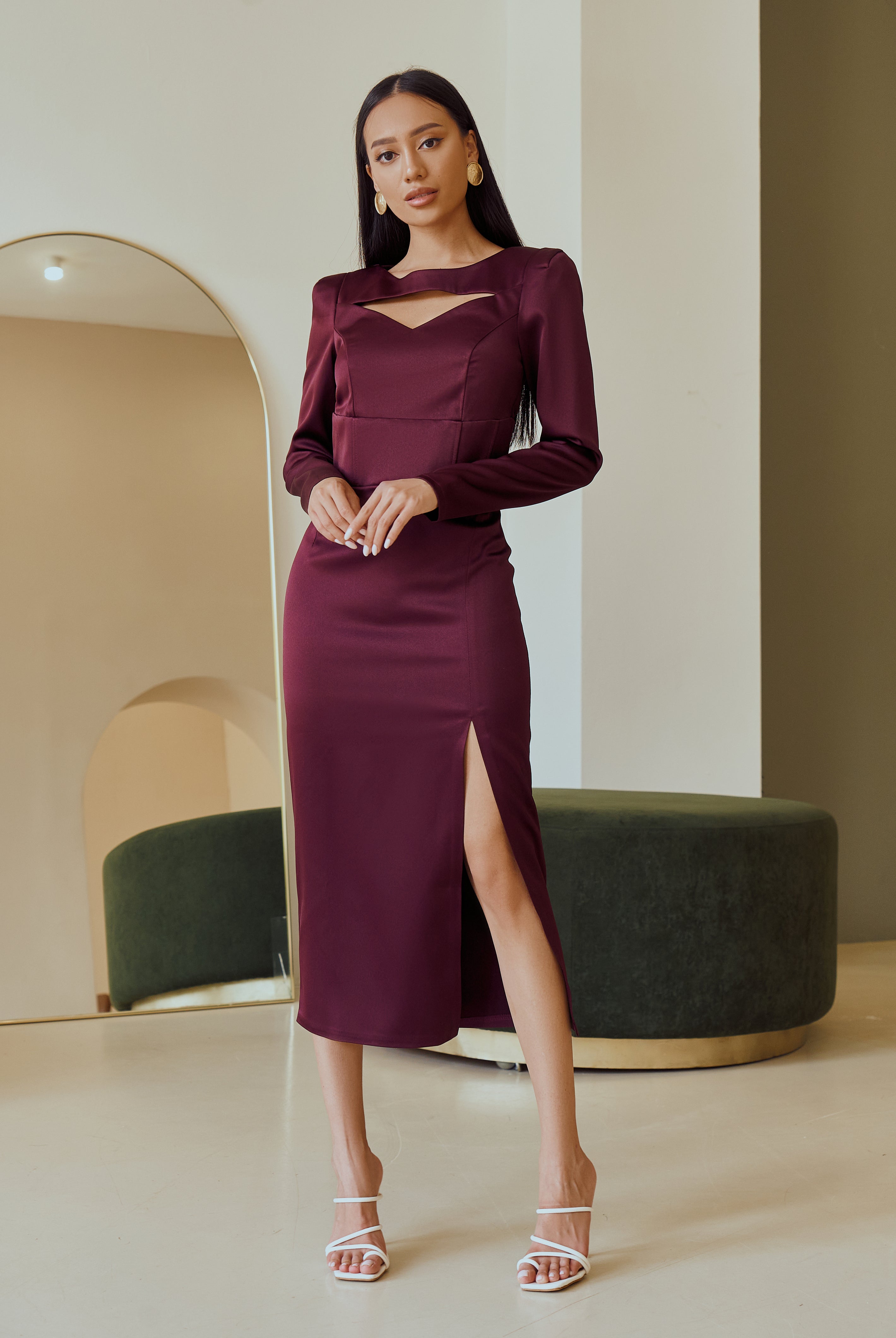 Bordeaux Satin Long Sleeve Midi Dress
