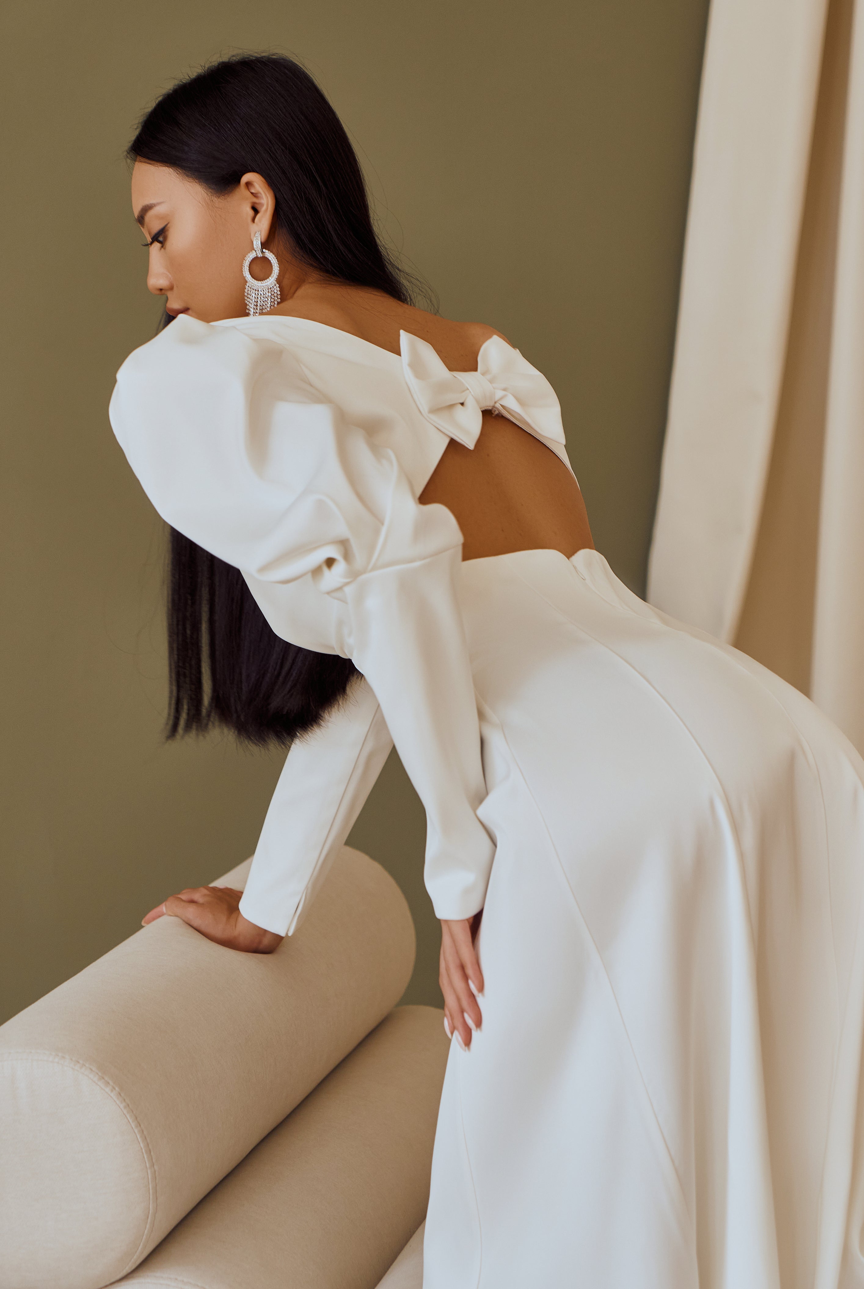 White Satin Bow Back Midi Dress