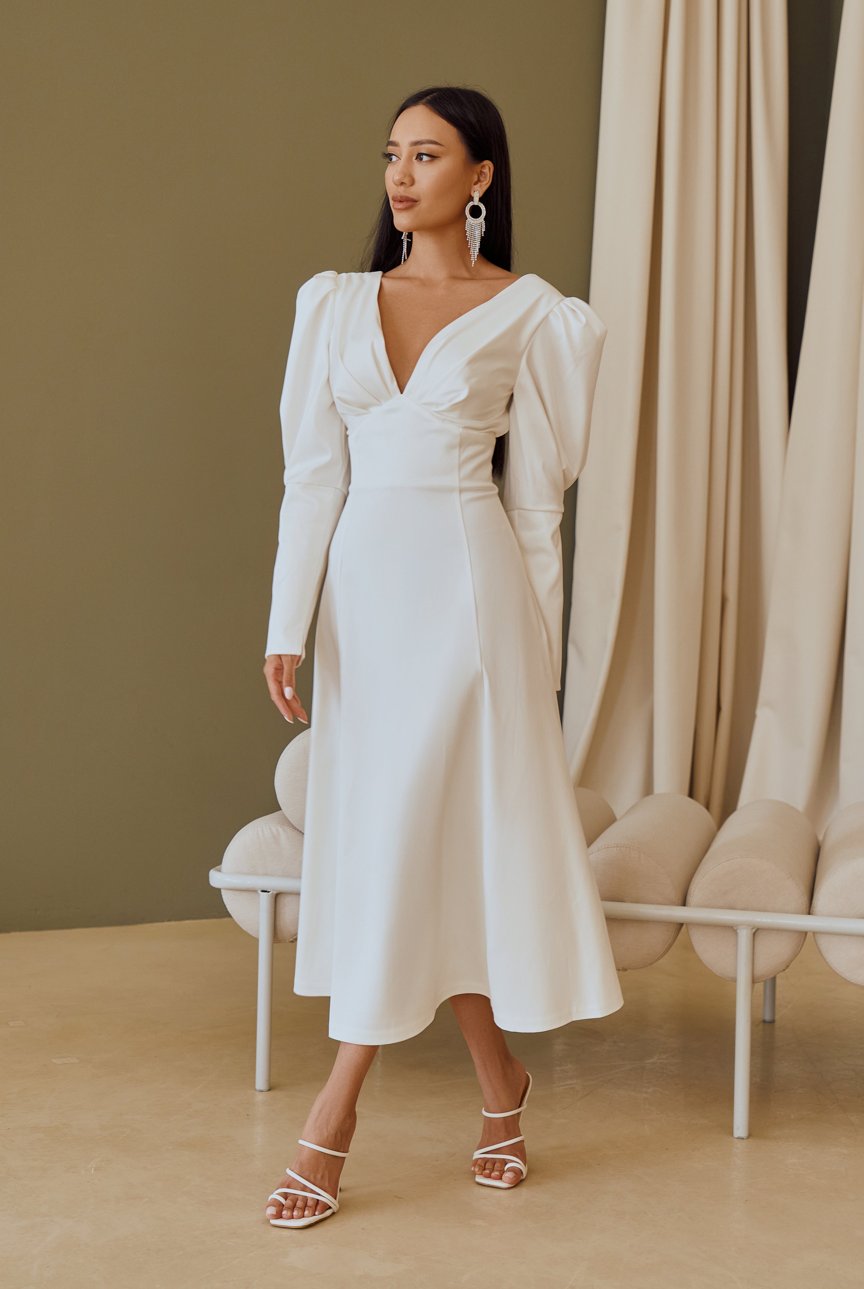 White Satin Bow Back Midi Dress