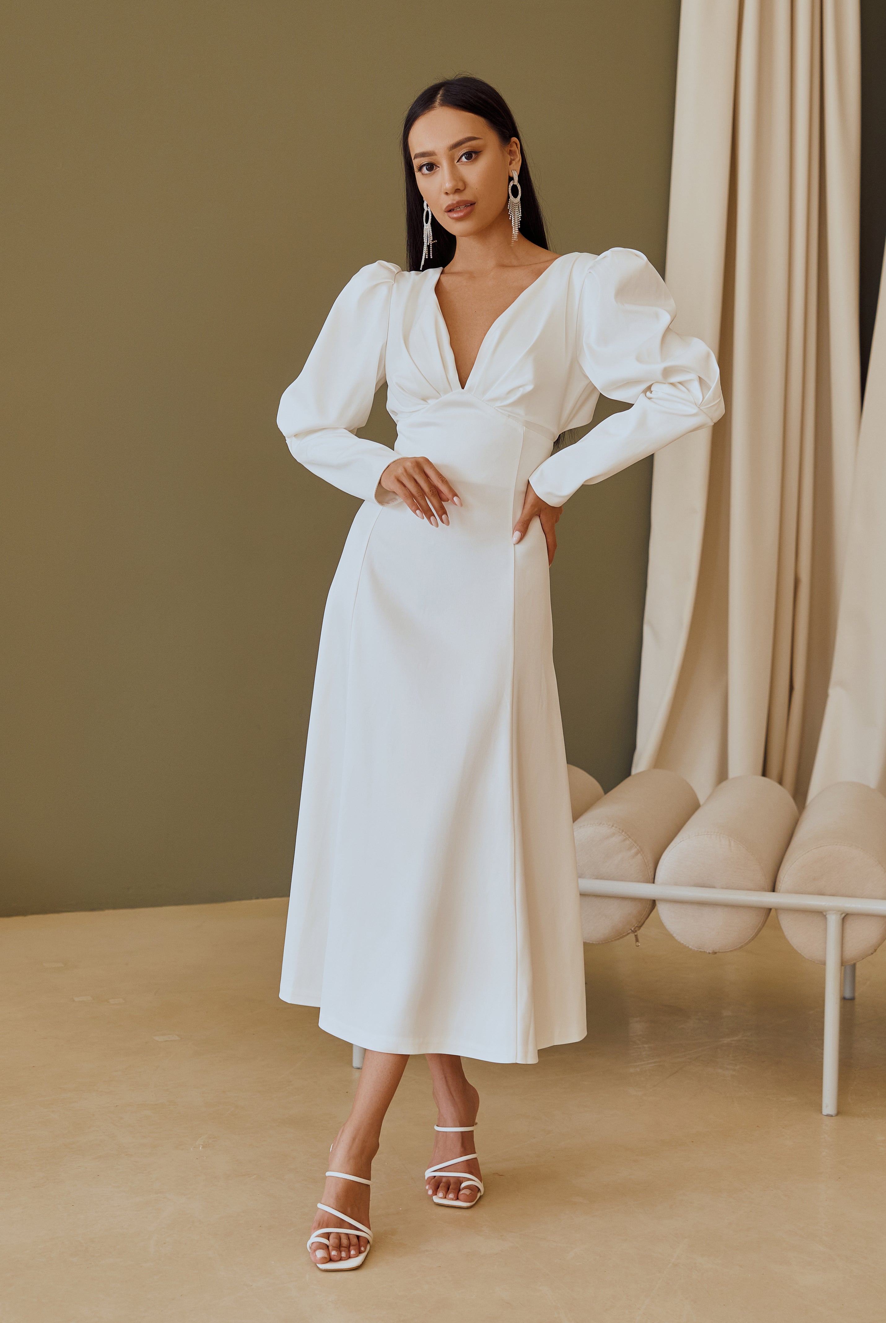 White Satin Bow Back Midi Dress