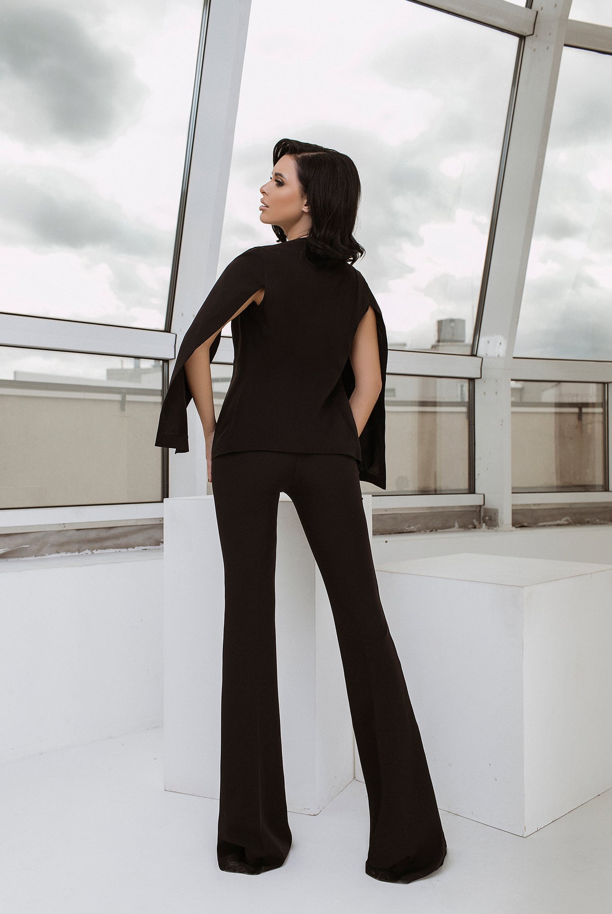 ELAGIA Black Slit Sleeve Suit 2-Piece back view showing structured silhouette - purple business suit women style