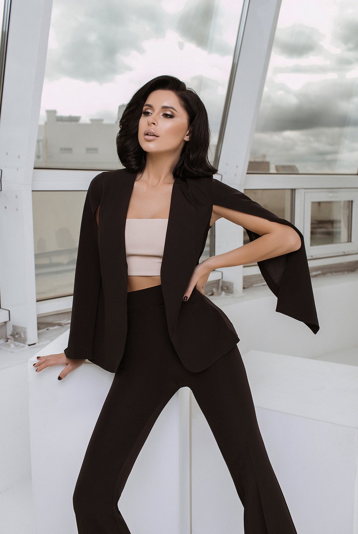 ELAGIA Black Slit Sleeve Suit 2-Piece front view - professional 3 piece women's suit with tailored blazer and pants