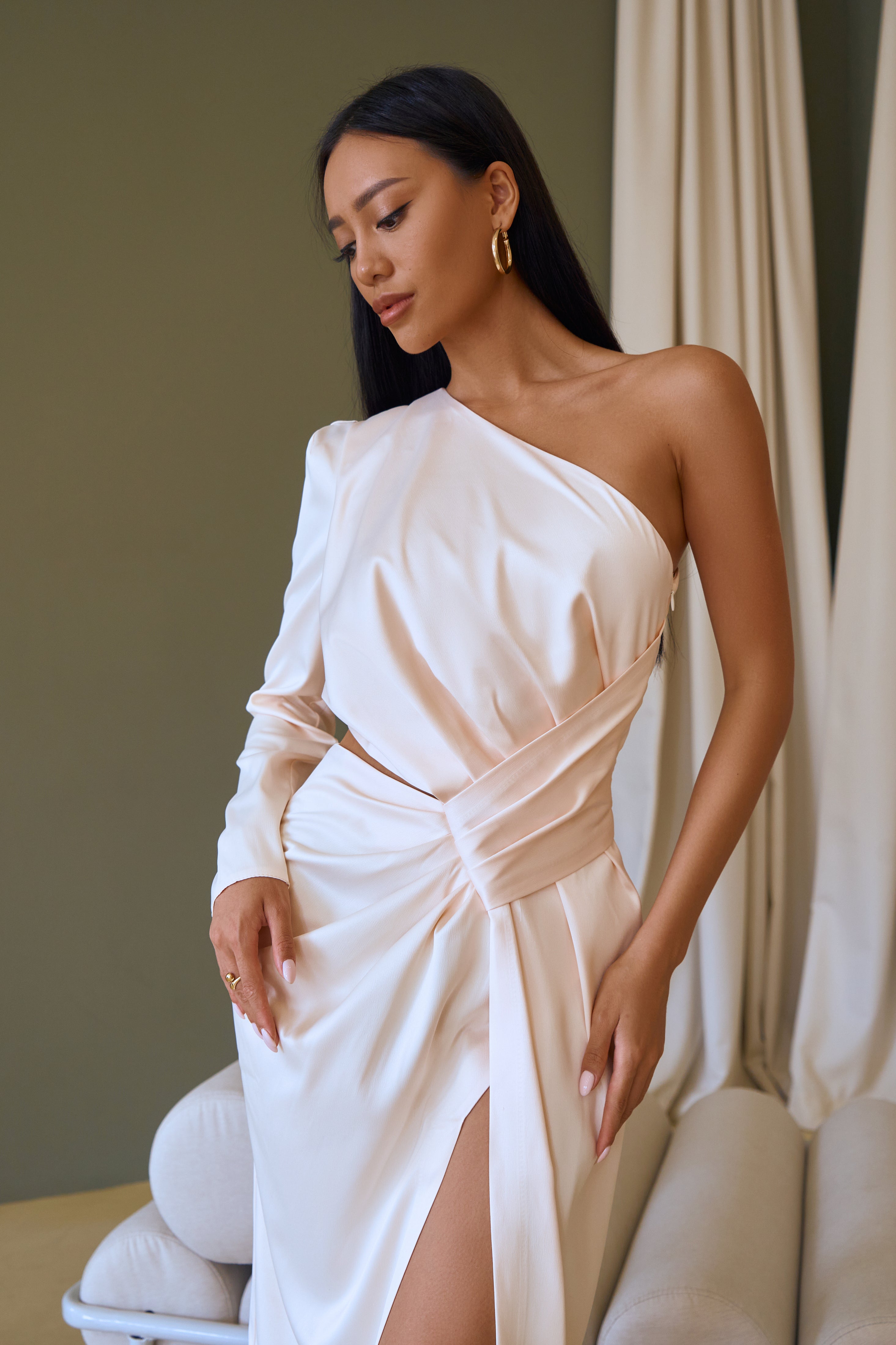 White Satin One-Shoulder Cut-Out Midi Dress