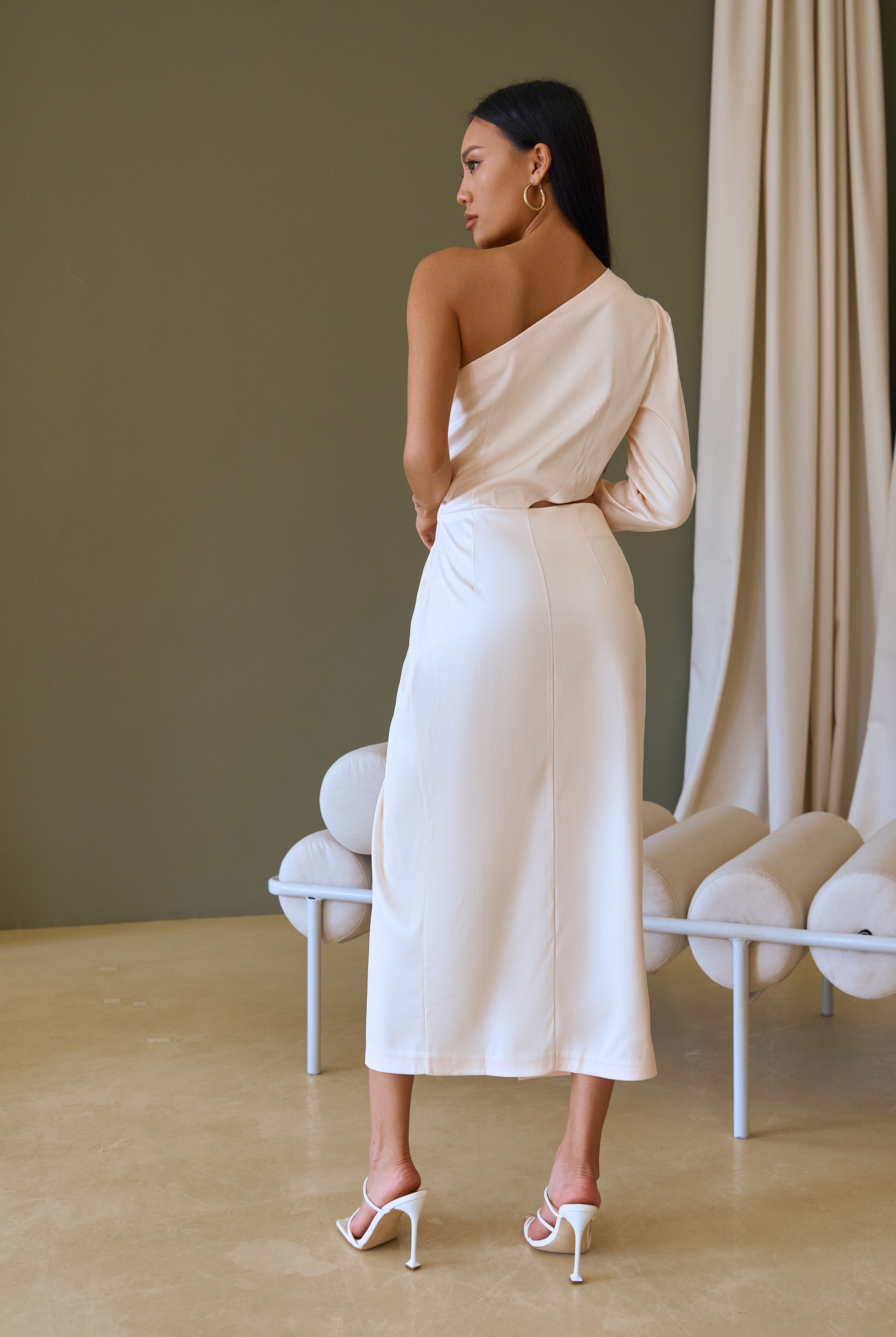 White Satin One-Shoulder Cut-Out Midi Dress