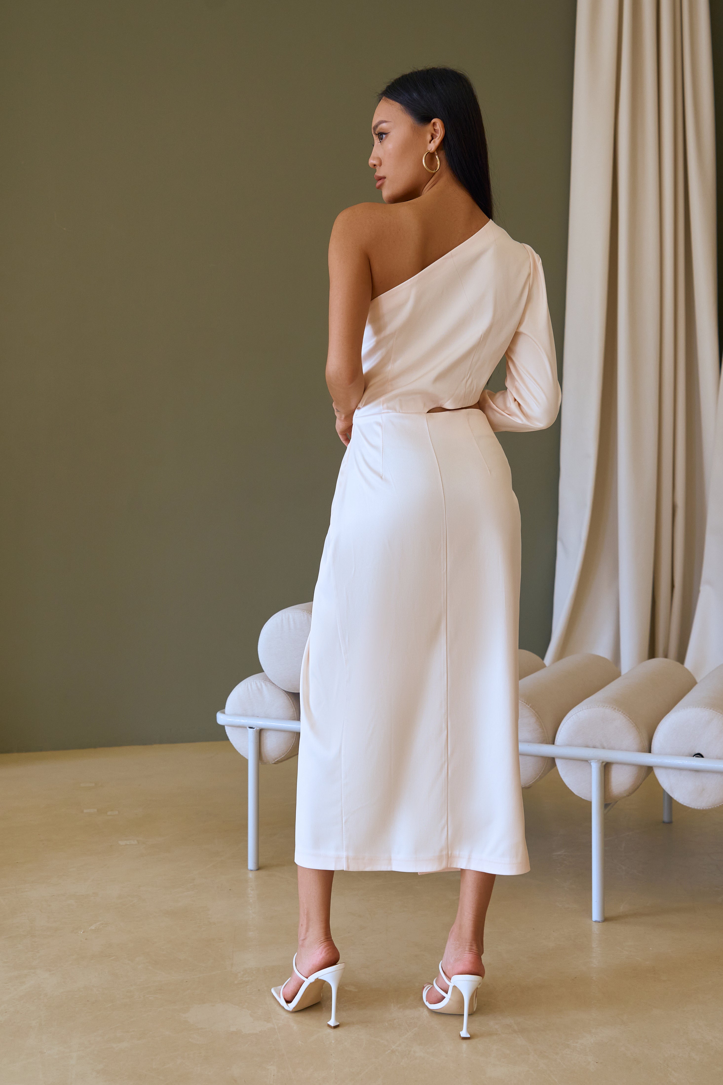 White Satin One-Shoulder Cut-Out Midi Dress