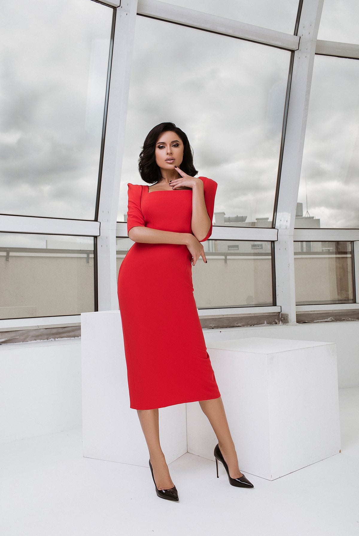 ELAGIA red square neckline midi dress back view - 3 piece women's suit purple business suit women design