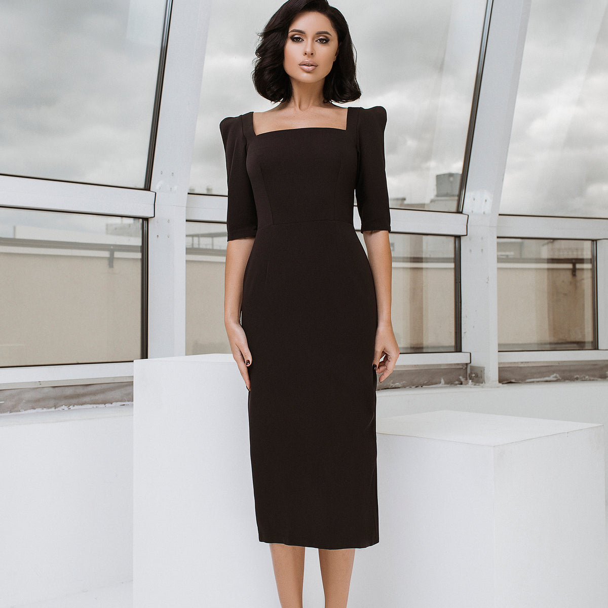 Black Square Neck Midi Dress