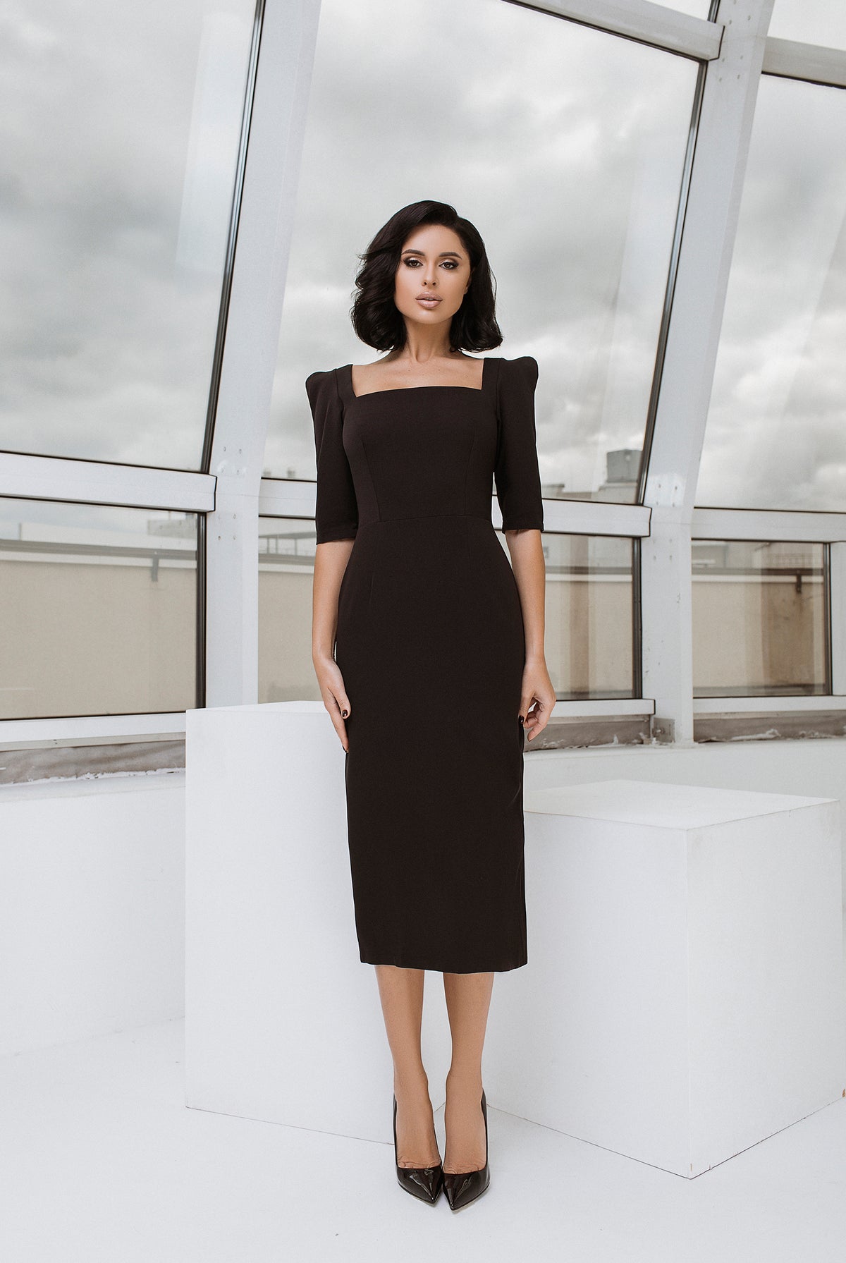 ELAGIA black square neckline midi dress front view - classic 3 piece women's suit silhouette in versatile black
