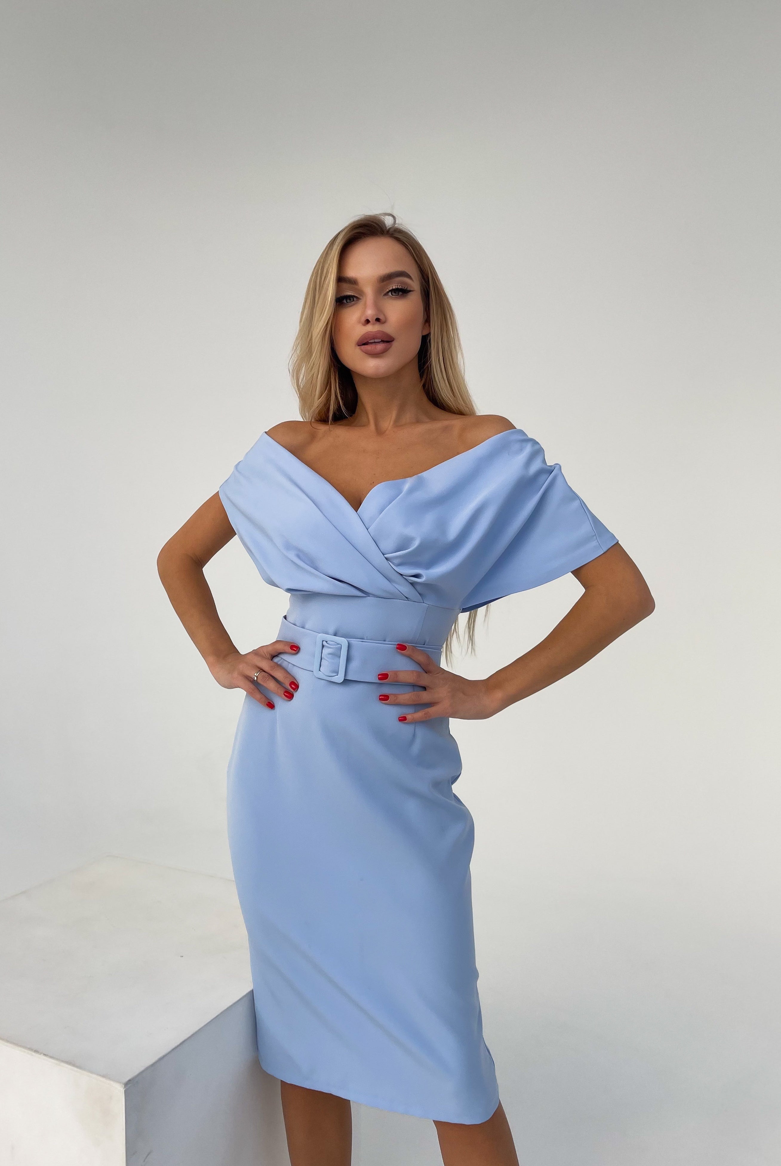 ELAGIA Sky-Blue Off-the-shoulder Mini Dress full look - 3 piece women's suit purple business suit women