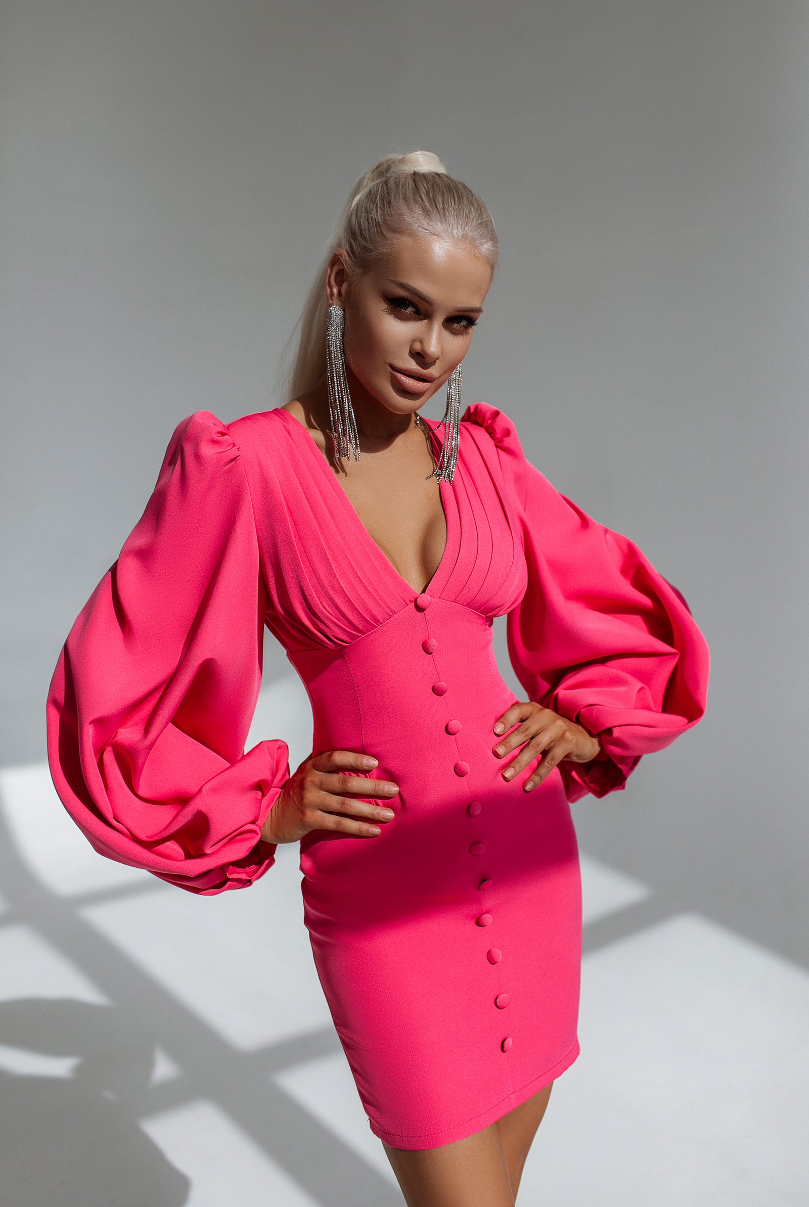 ELAGIA Crimson Backless Puff Sleeve Mini Dress front view - 3 piece women's suit purple business suit women style