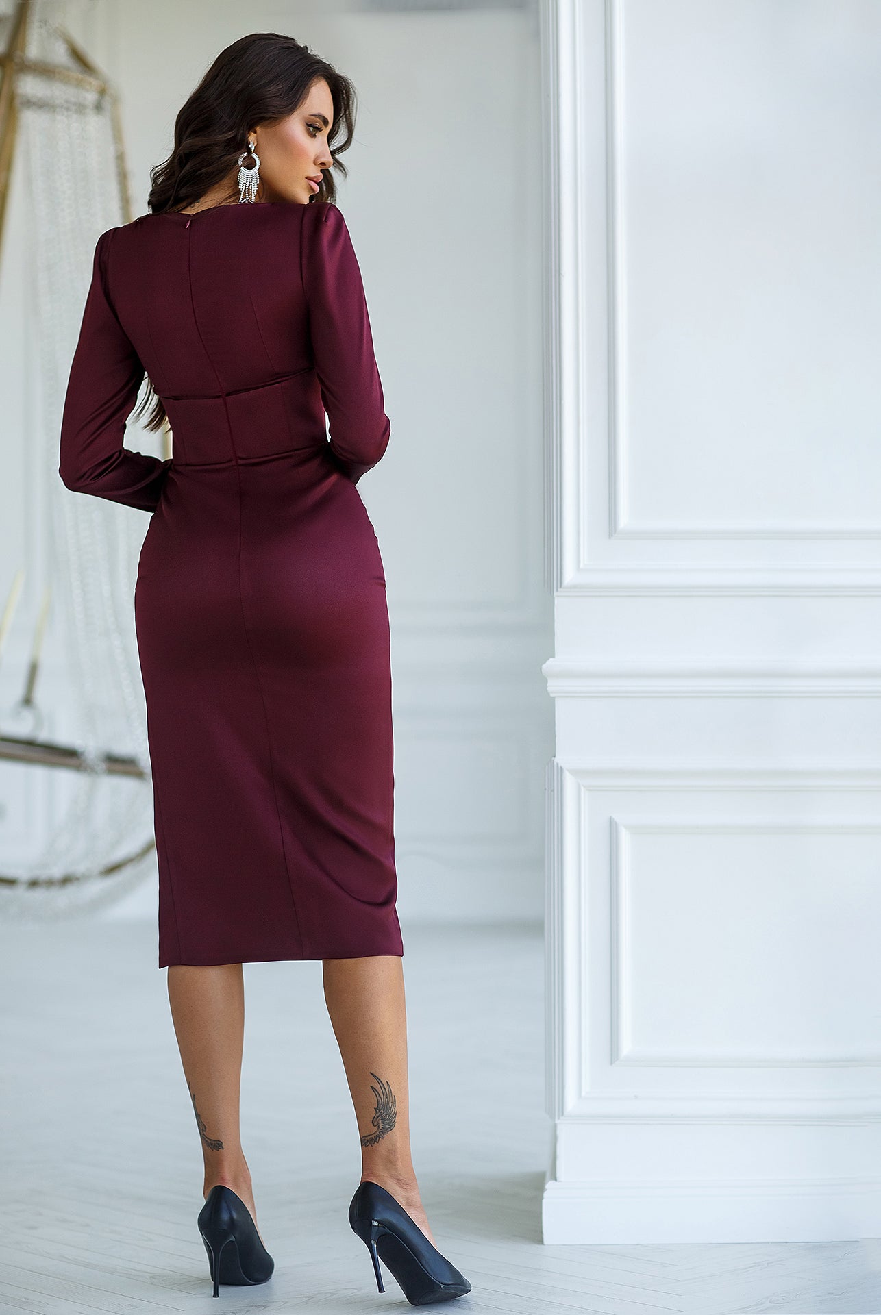 Bordeaux Satin Long Sleeve Midi Dress
