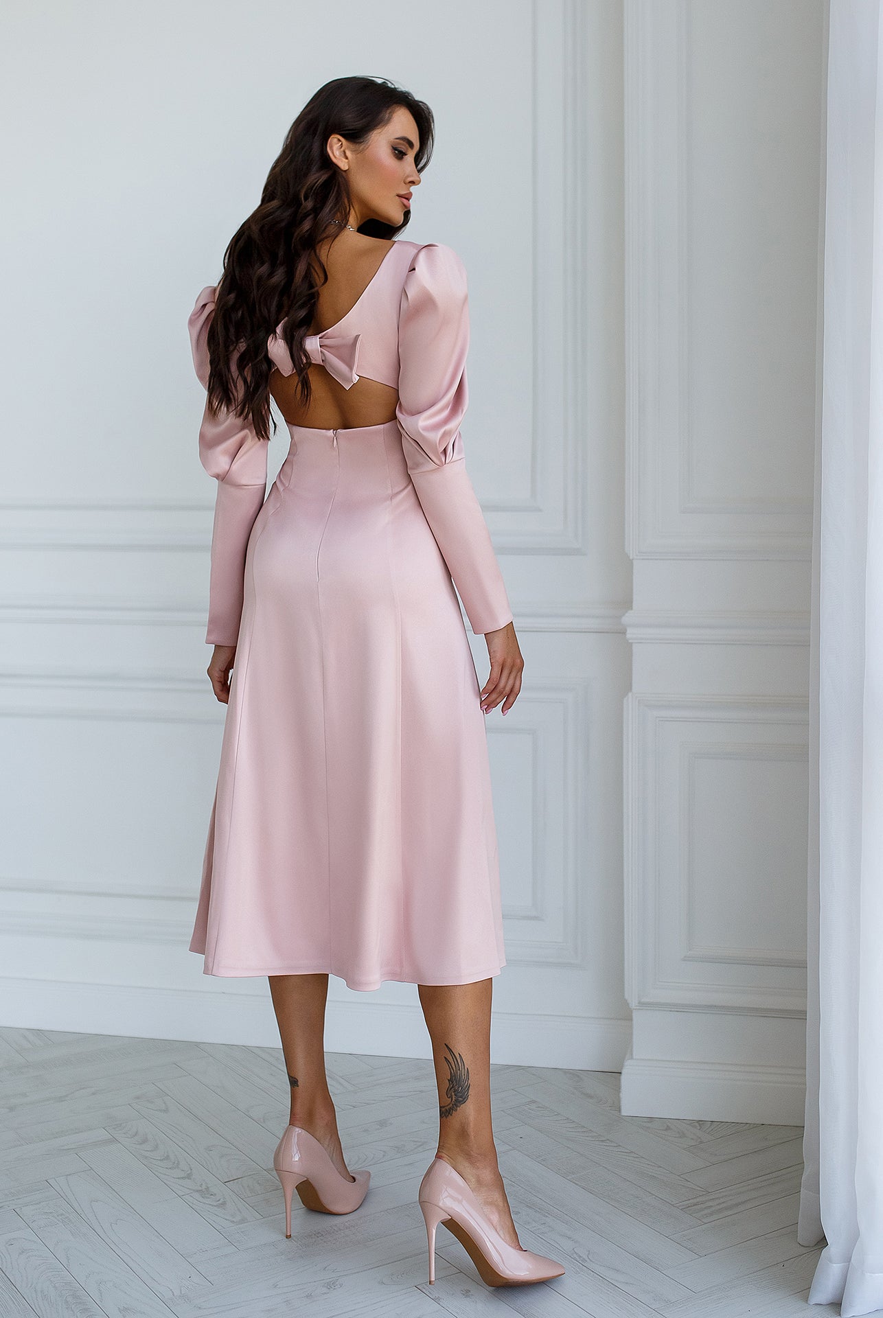 Dusty Pink Satin Bow Back Midi Dress