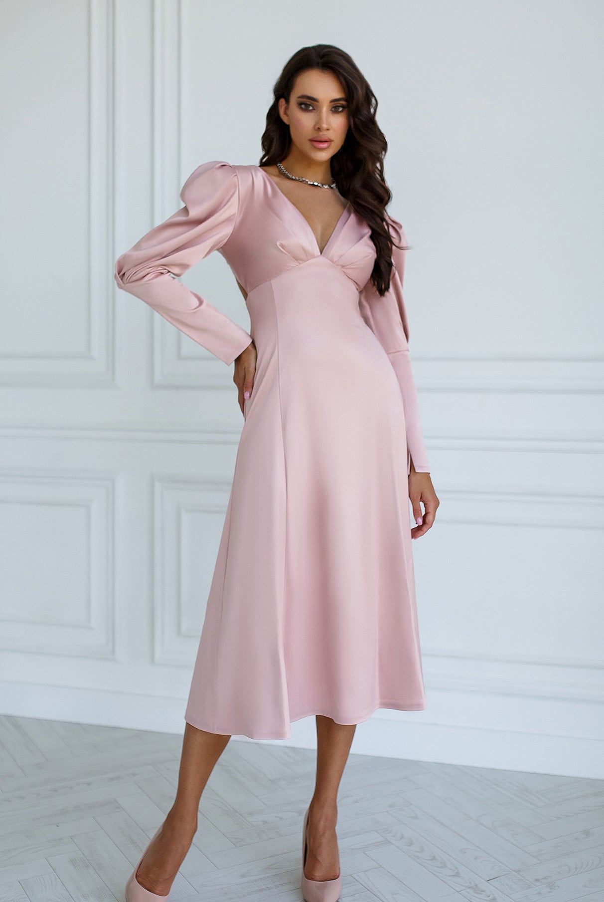 Dusty Pink Satin Bow Back Midi Dress