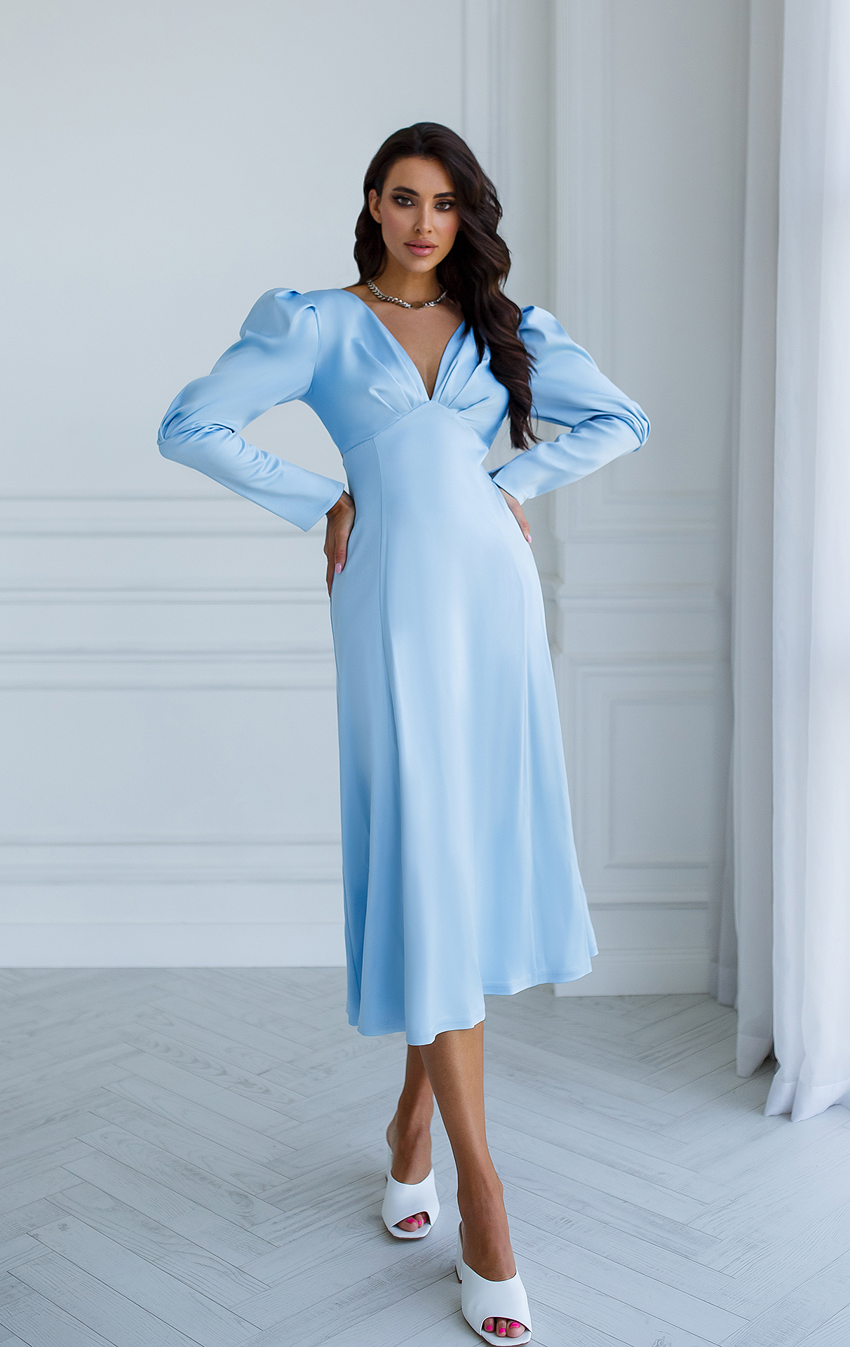 Sky-Blue Satin Bow Back Midi Dress