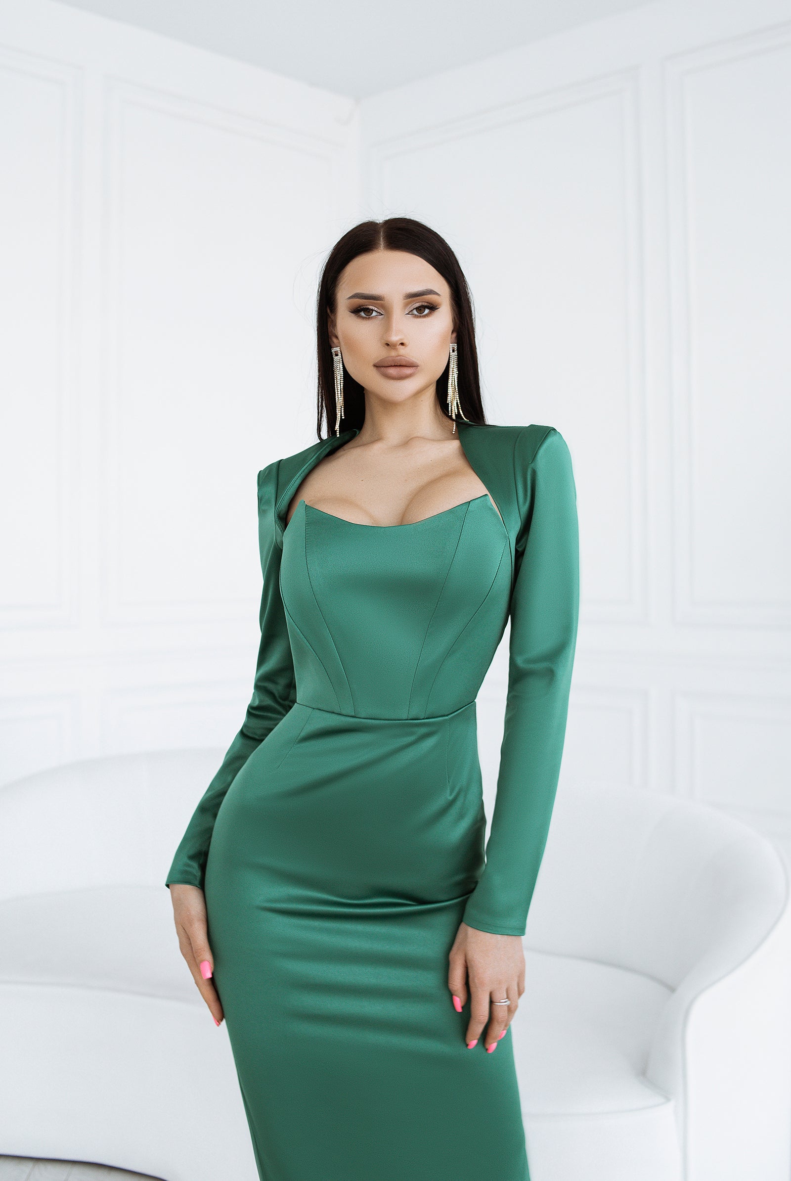 Emerald Satin Long Sleeve Midi Dress - styled look | ELAGIA