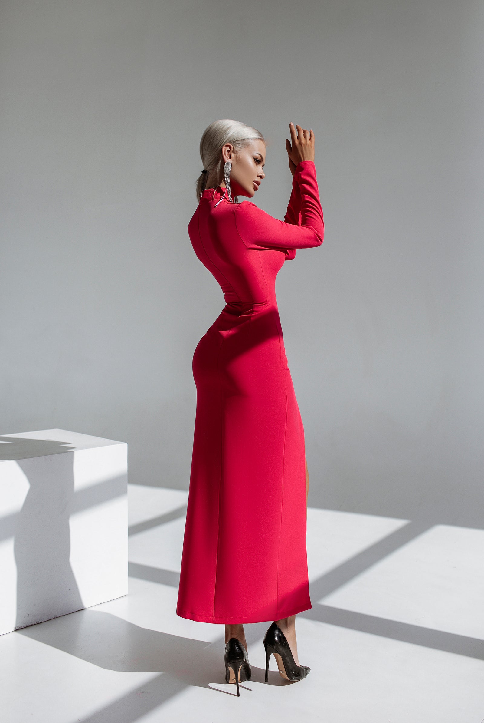 ELAGIA crimson high neck side-slit midi dress full length view perfect for purple business suit women