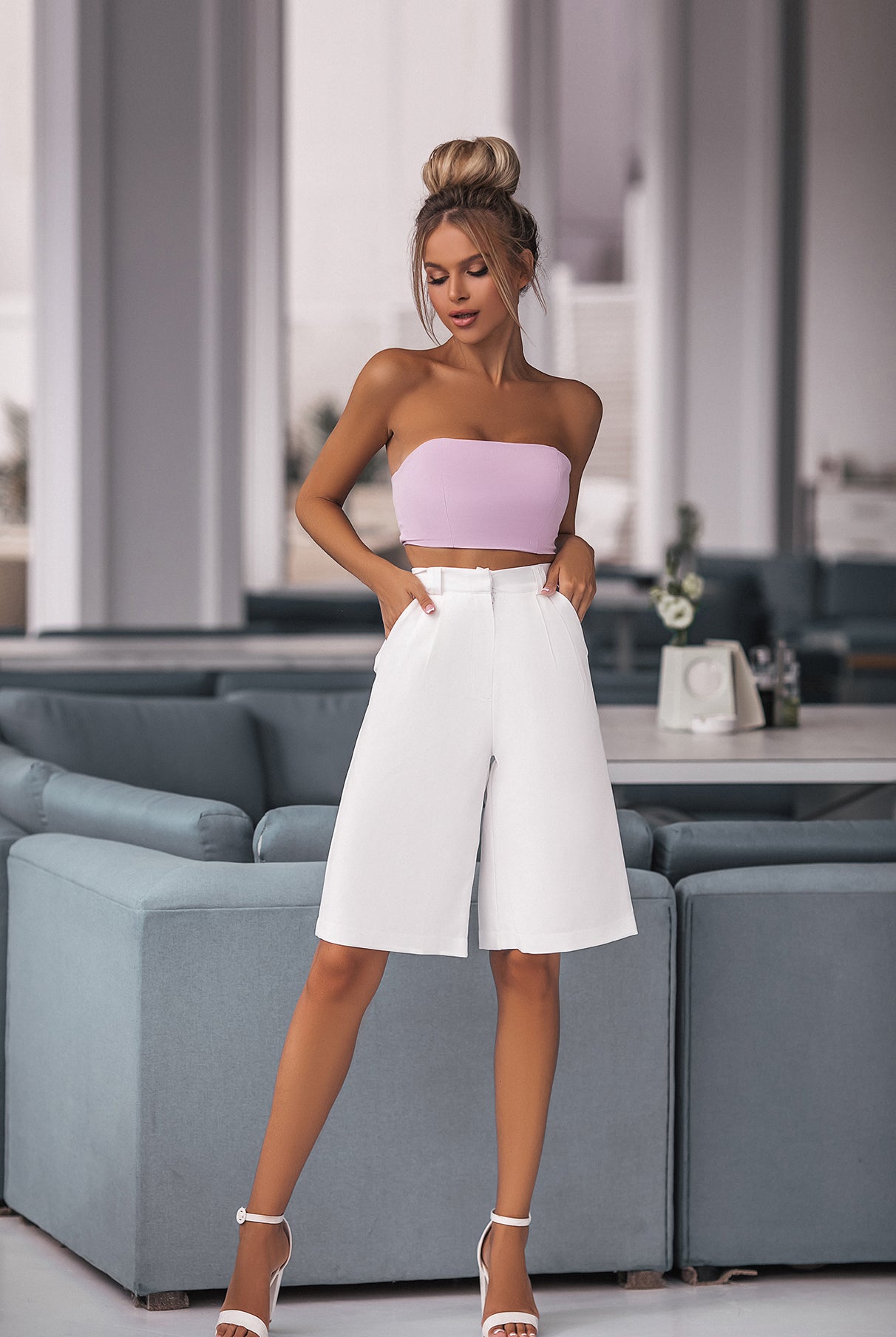 ELAGIA Alexa Lavender Formal Crop Top front view - chic lavender suits for ladies professional wear