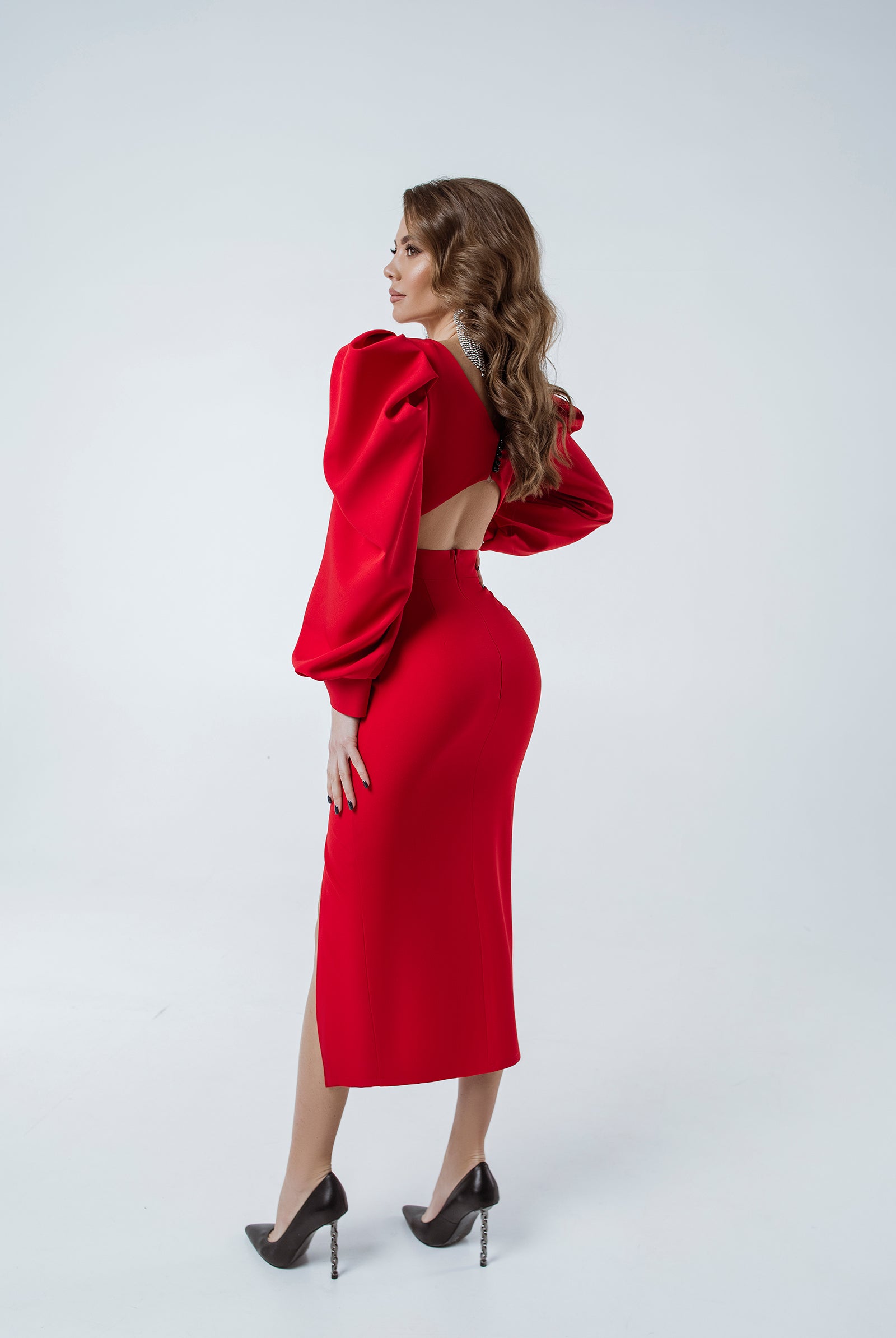 Red Backless Puff Sleeve Midi Dress - side view | ELAGIA