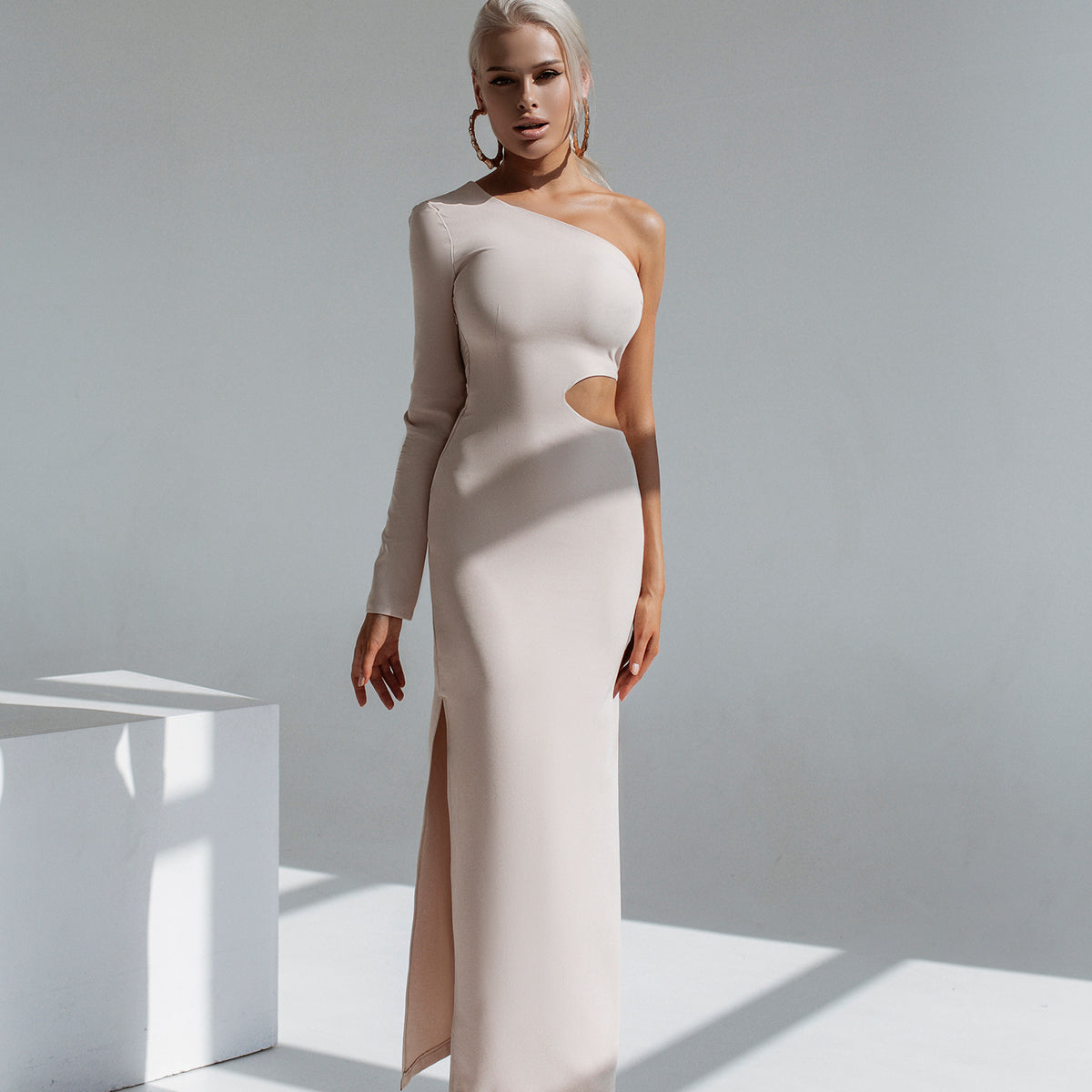 Beige One-Shoulder Cut-Out Midi Dress