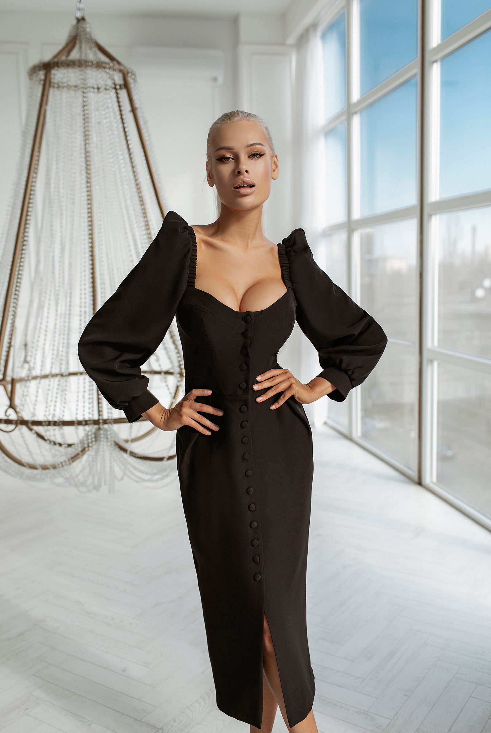 ELAGIA black sweetheart puff-sleeve midi dress back view - 3 piece women's suit purple business suit women