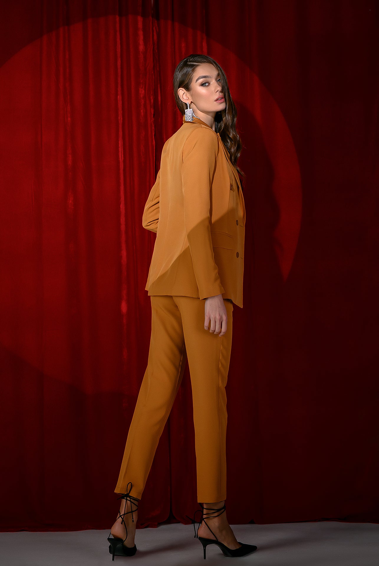 ELAGIA camel double breasted professional women's suit complete ensemble showcasing tailored blazer trouser set